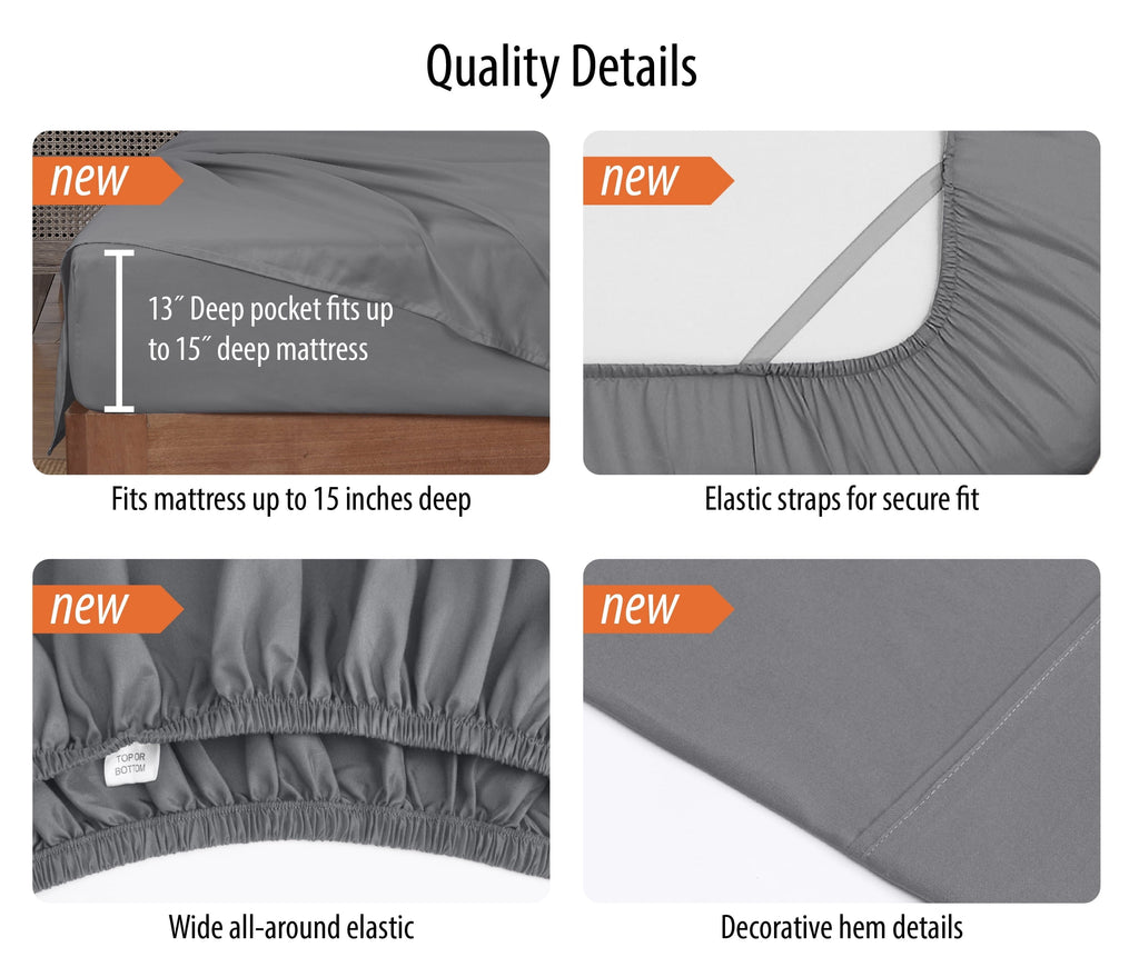 Ultra-Soft Super Soft Brushed Microfiber Bed Sheet Set, Soothing Gray, Queen, 4 Piece - Breathable Egyptian Cotton Flat & Fitted Sheets Detail