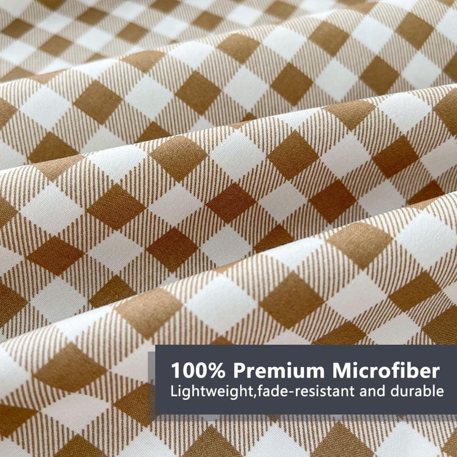 Cooling Sateen Sheet Set, Soft Brushed Microfiber Taupe Plaid Sheets, 4-Piece Brown Grid Set with Deep Pocket - Cooling Hotel Quality Bedding Sheets and Pillowcases Detail