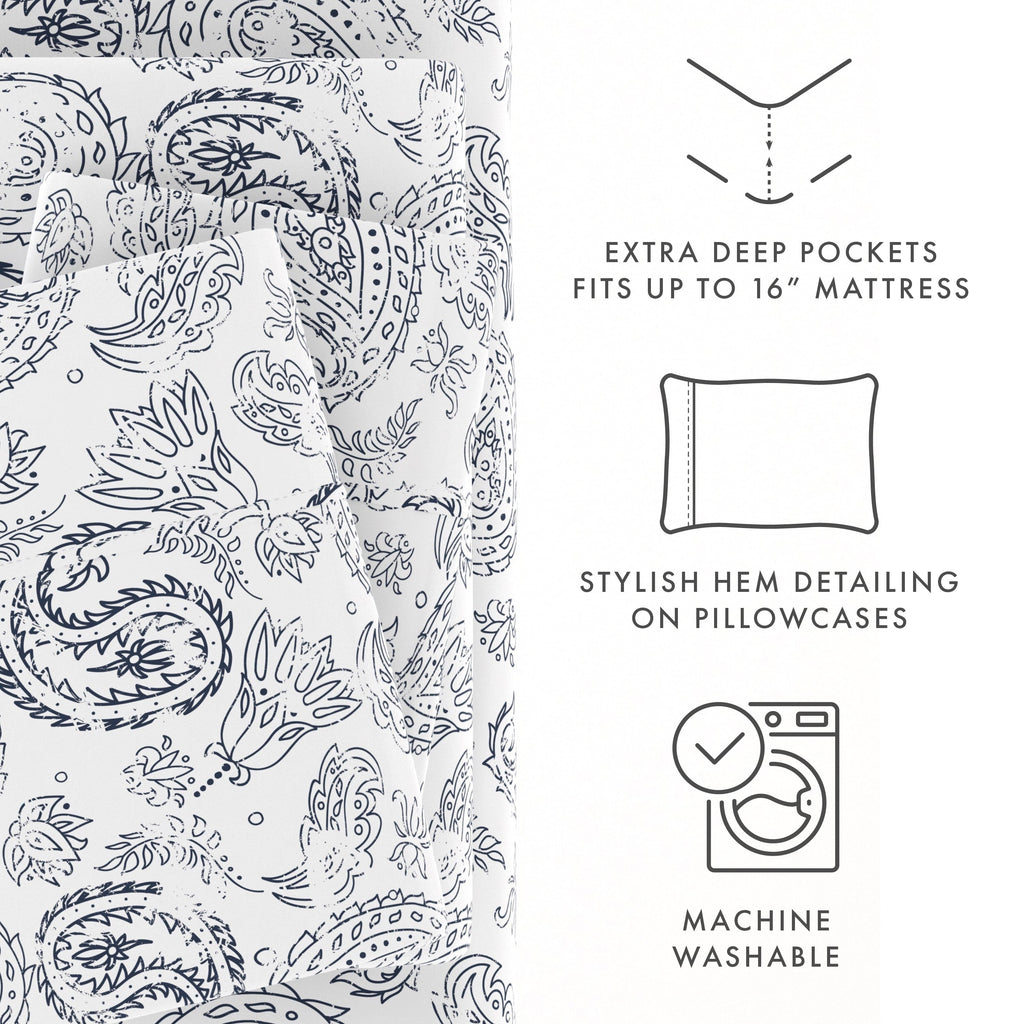 Wrinkle-Resistant 4 Piece Pattern Microfiber Bed Sheets Set, Navy Coarse Paisley, Full - Luxury Bed Sheet Set with Deep Pockets Detail