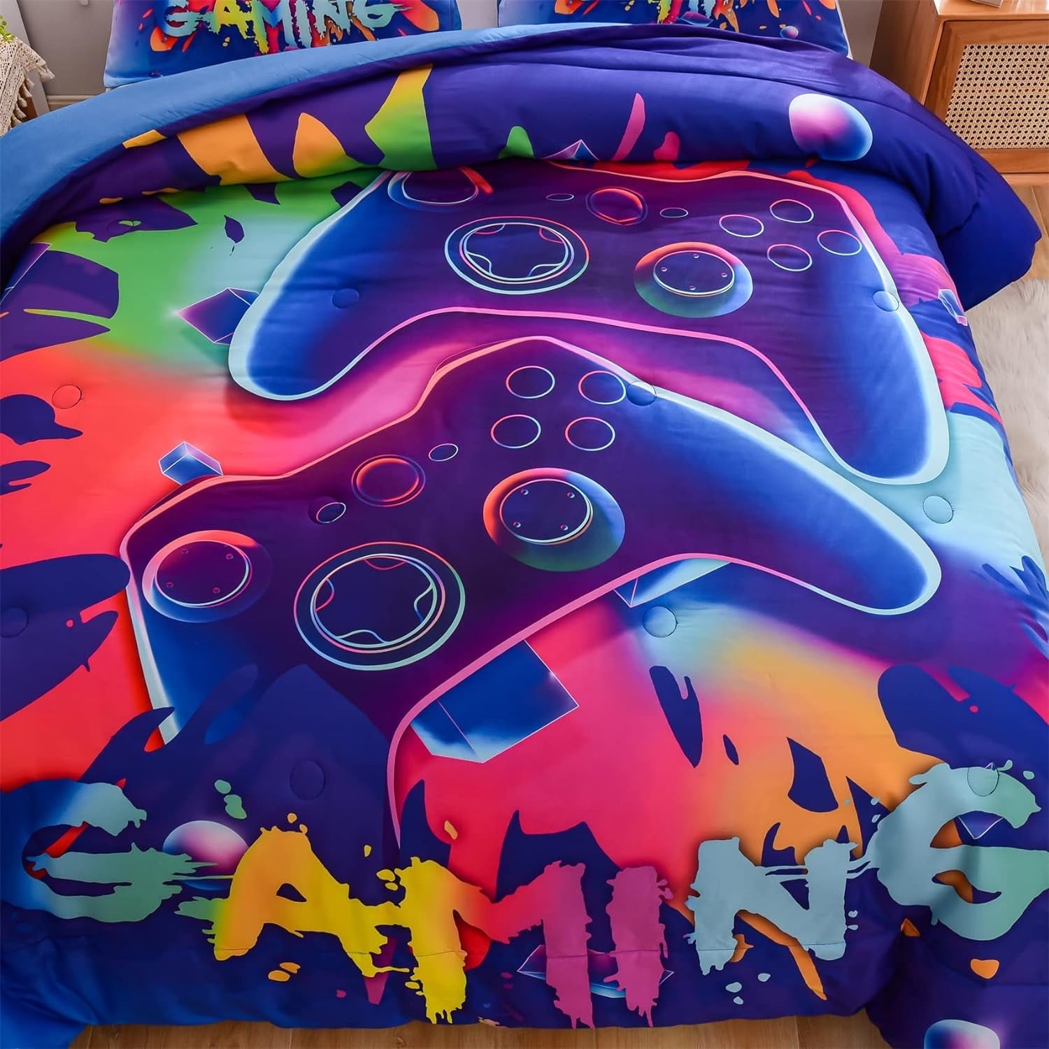 Heavyweight Warmth Purple Queen Gaming Comforter Sets for Boys Kids Bedding Sets Colorful Games Console Gamer Quilt Set - Cloud-Like Soft Lightweight Bed Comforter Detail