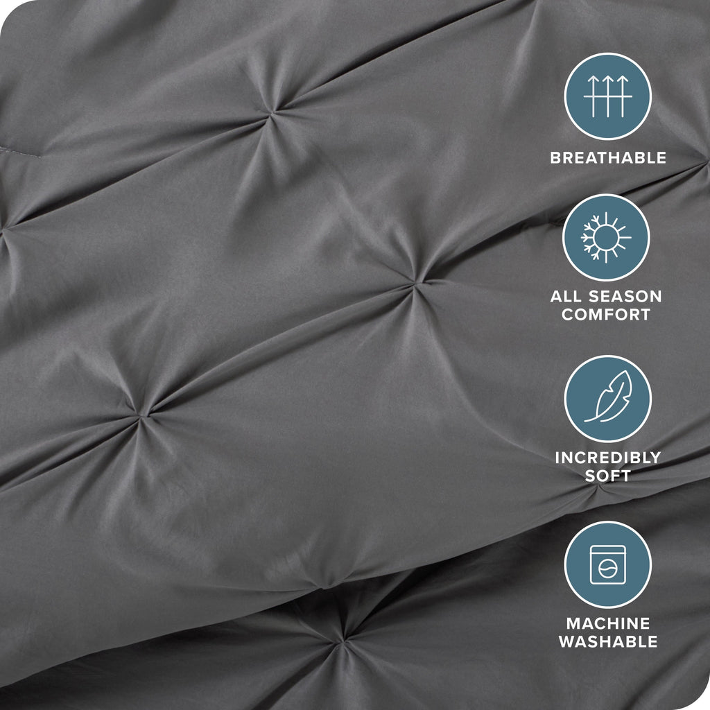 Fluffy Down Alternative Pintuck Down Alternative Comforter Set - 3-Pieces - All Seasons - King, Grey - Luxurious Quilted Duvet Cover Set Detail