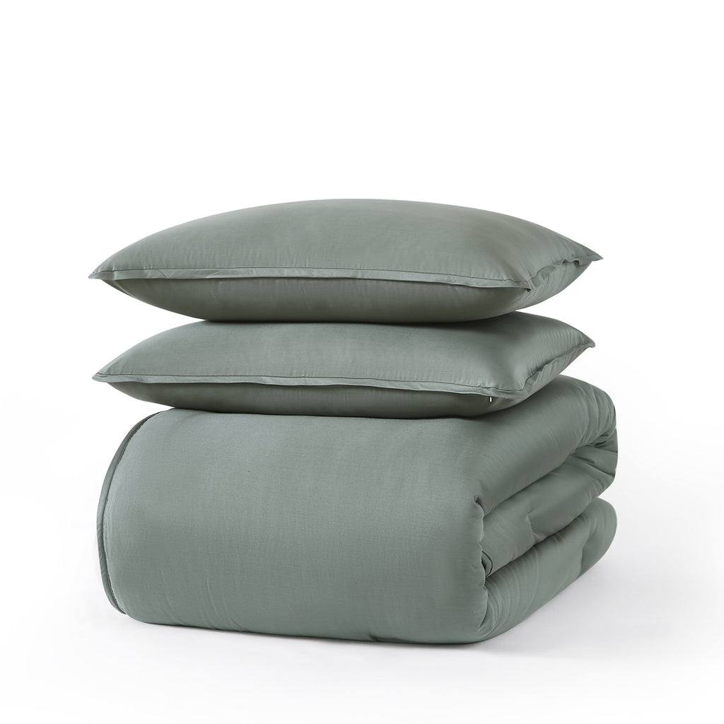 Luxurious Quilted 3-Piece 400 Thread Count Flag Stone Green Cotton Lyocell Blend Comforter Set, Adult King - Hypoallergenic Ultra-Fluffy Quilt for Winter Detail