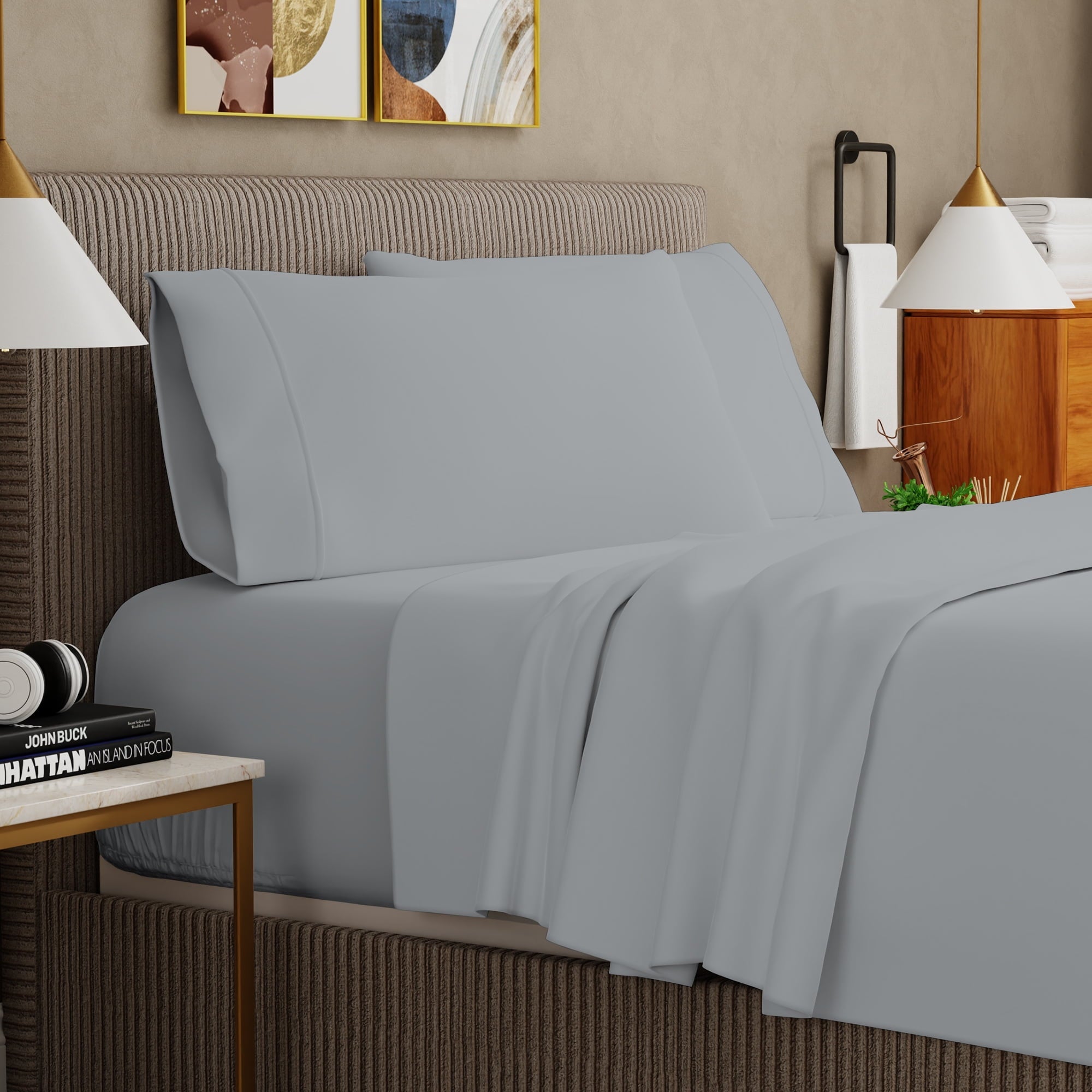 Premium Egyptian Cotton Soft Finish Microfiber Percale Queen Bed Sheet Set – 4-Piece Lightweight, Wrinkle-Resistant, Quick-Dry, Light Gray - Premium Ultra-Soft Pillowcase Pair for Sleeping Detail
