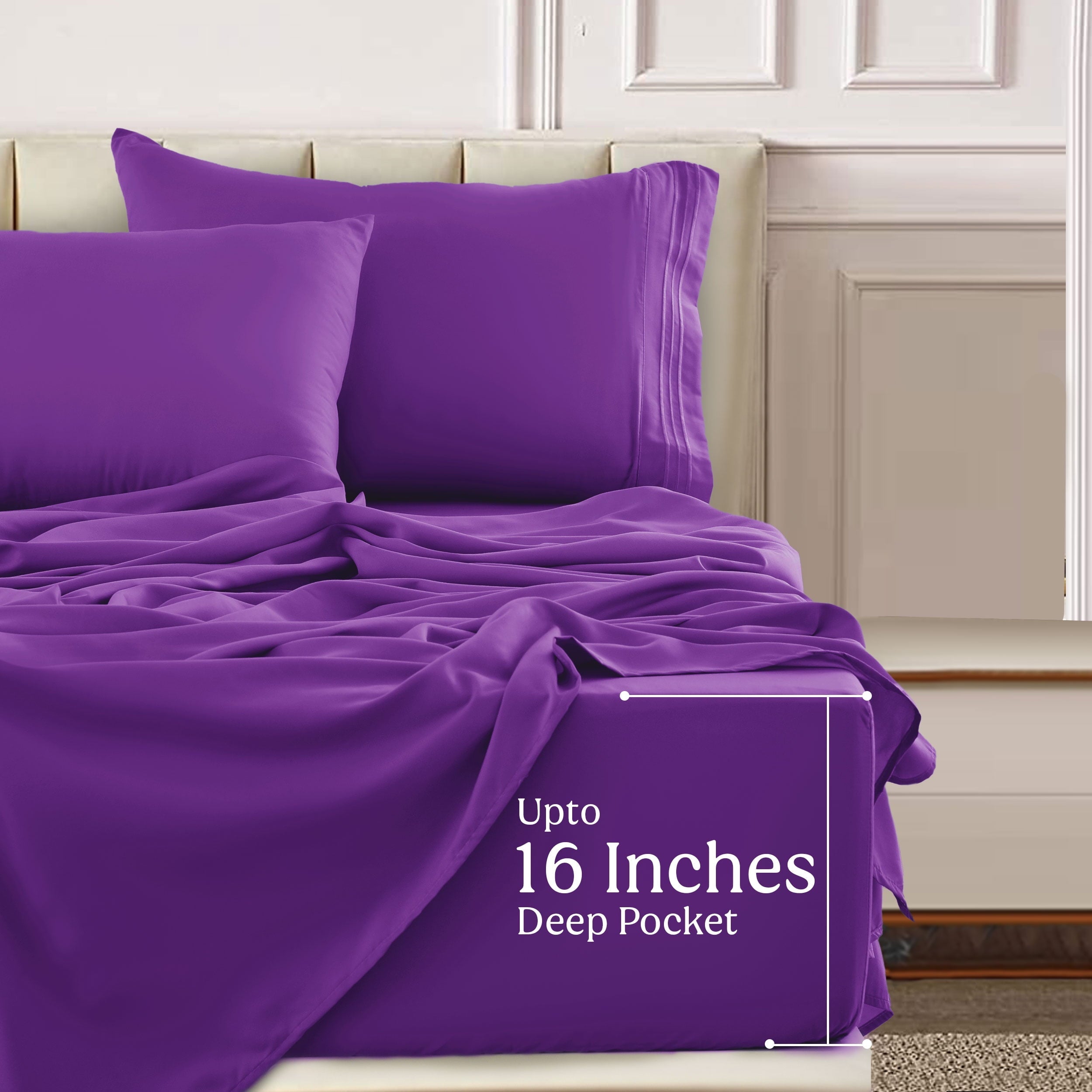Breathable Luxury King Bed Sheets - 16 Inch Deep Pocket 6 Piece Microfiber Bedding Sheets & Pillowcase Sets - Purple - Cooling Hotel Quality Bedding Sheets and Pillowcases Detail
