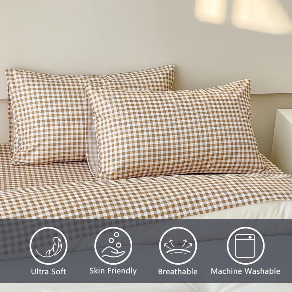 Cooling Sateen Sheet Set, Soft Brushed Microfiber Taupe Plaid Sheets, 4-Piece Brown Grid Set with Deep Pocket - Cooling Hotel Quality Bedding Sheets and Pillowcases Detail