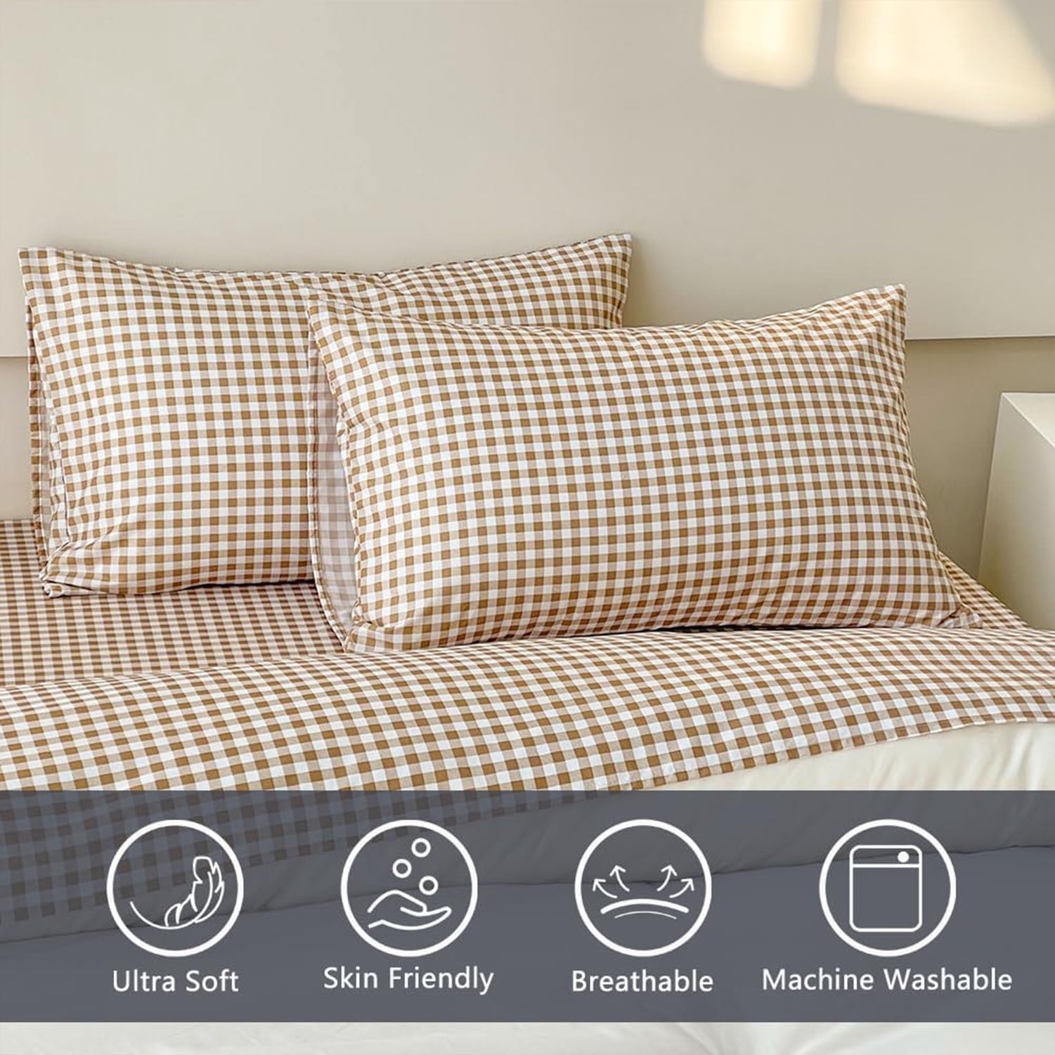 Cooling Sateen Sheet Set, Soft Brushed Microfiber Taupe Plaid Sheets, 4-Piece Brown Grid Set with Deep Pocket - Cooling Hotel Quality Bedding Sheets and Pillowcases Detail