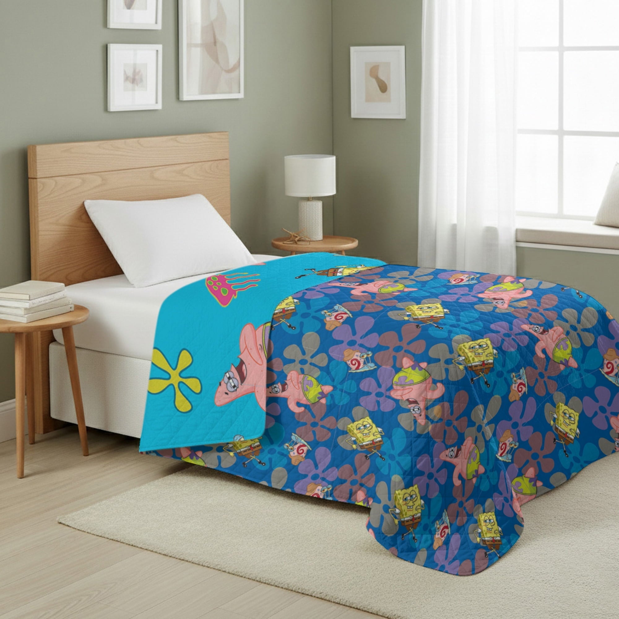 Lightweight Warm Spongebob Tropical Waltz Quilted Throw Blanket 60x80 inches, Kids Character Bedding - Cozy Fleece Throw Blanket for Couch & Bed Detail