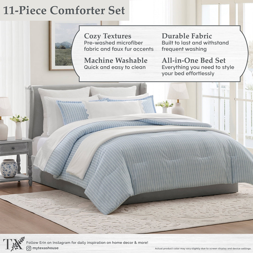 Luxurious Quilted Stripe 11-Piece Comforter Set with Sheets, Blue, Queen - Cloud-Like Soft Lightweight Bed Comforter Detail