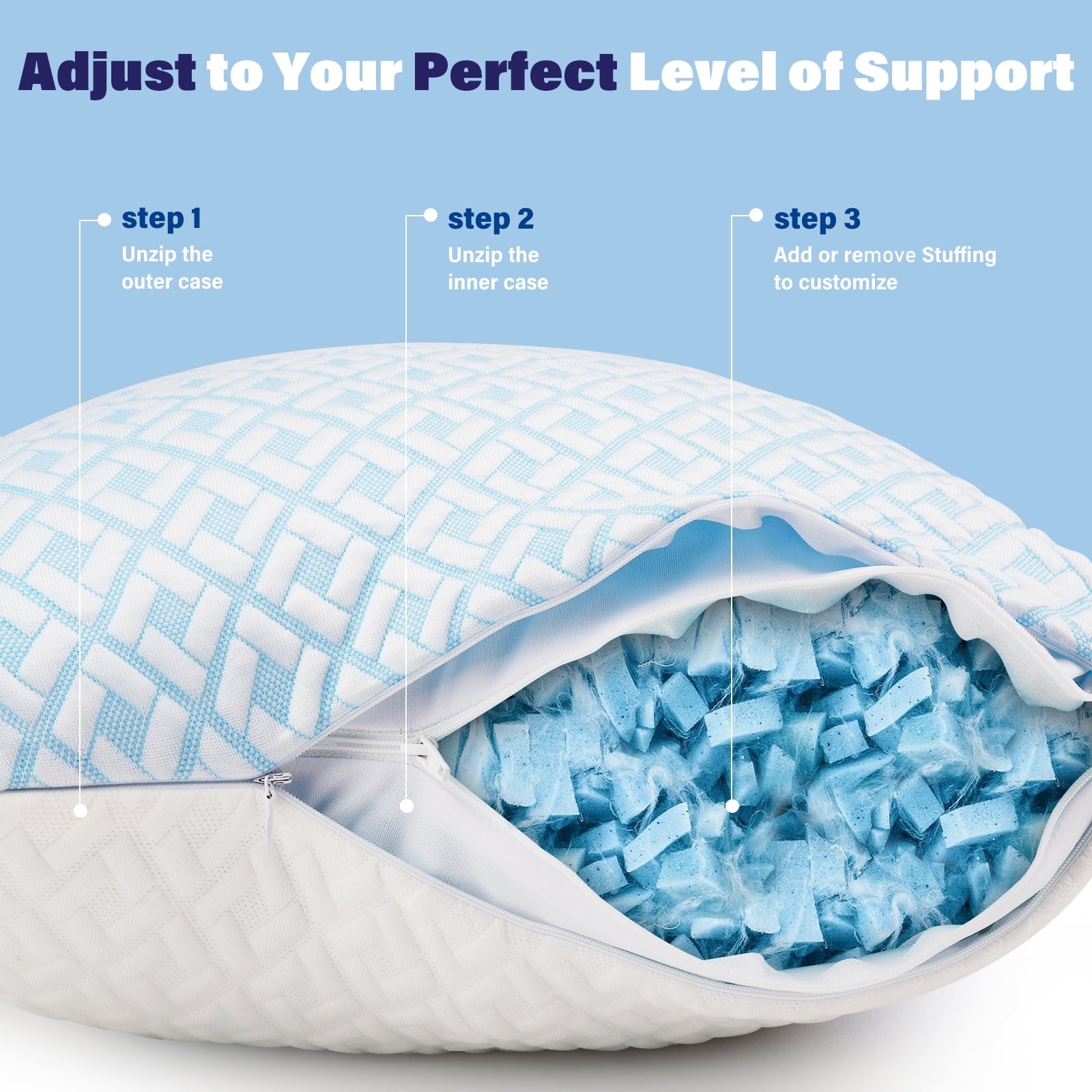 Decorative Plump Cooling Bed Pillows for Sleeping Shredded Memory Foam Pillows Queen Size Set of 2 Pack - Ergonomic Memory Foam Pillow for Neck Pain Support Detail