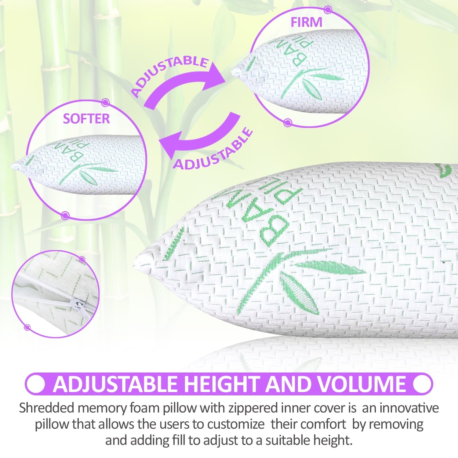 Fluffy Shredded King Size Bamboo Pillow, Memory Foam Bed Pillows with Washable Pillowcases, King - Hotel Quality Plush Sleeping Pillows Detail