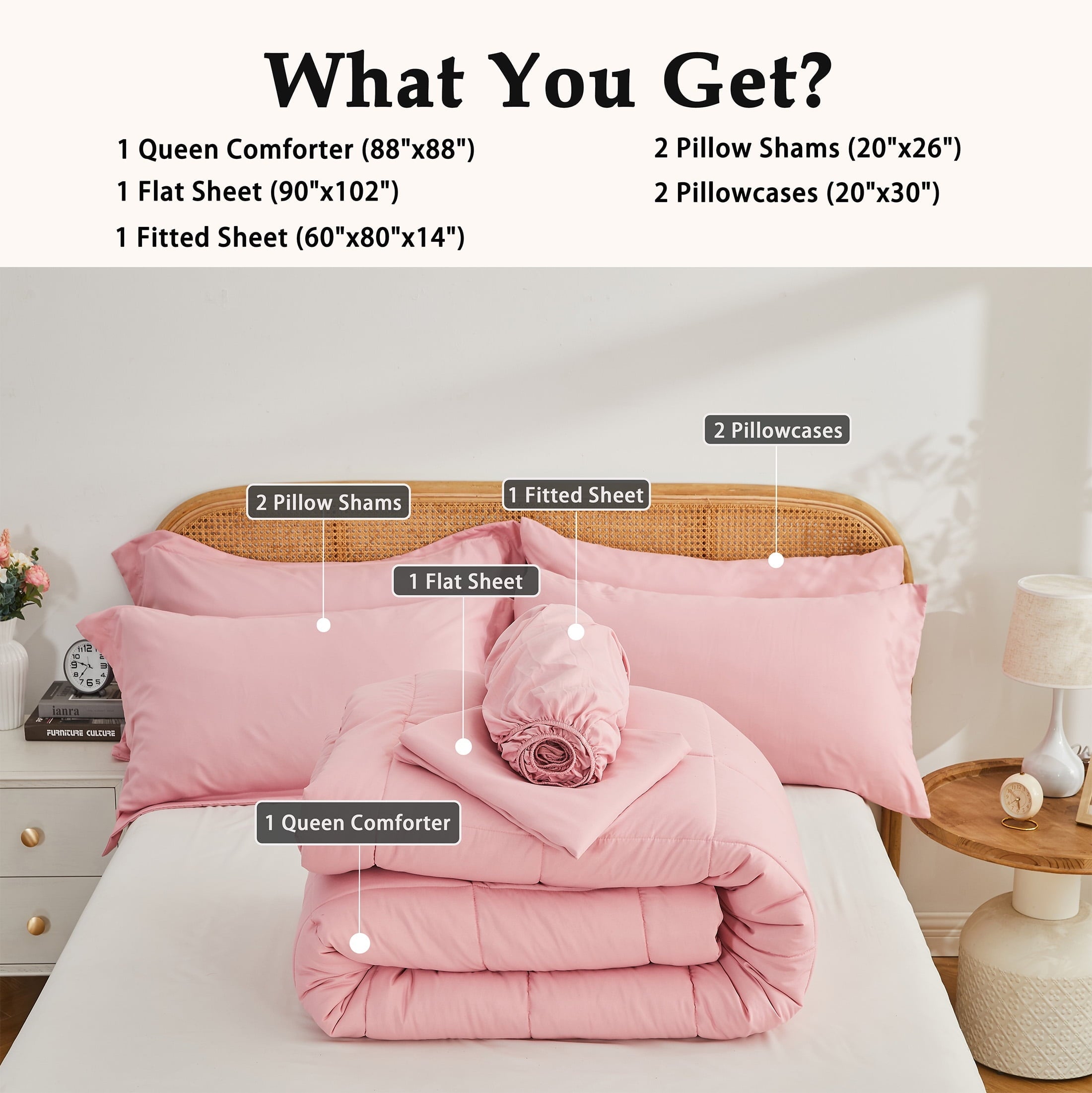 Fluffy Down Alternative 7-Piece Queen Size Comforter Set,Pink Reversible Bed in a Bag,All Season Solid Bedding Set with Sheets,Pillowcases & ... - Hypoallergenic Ultra-Fluffy Quilt for Winter Detail