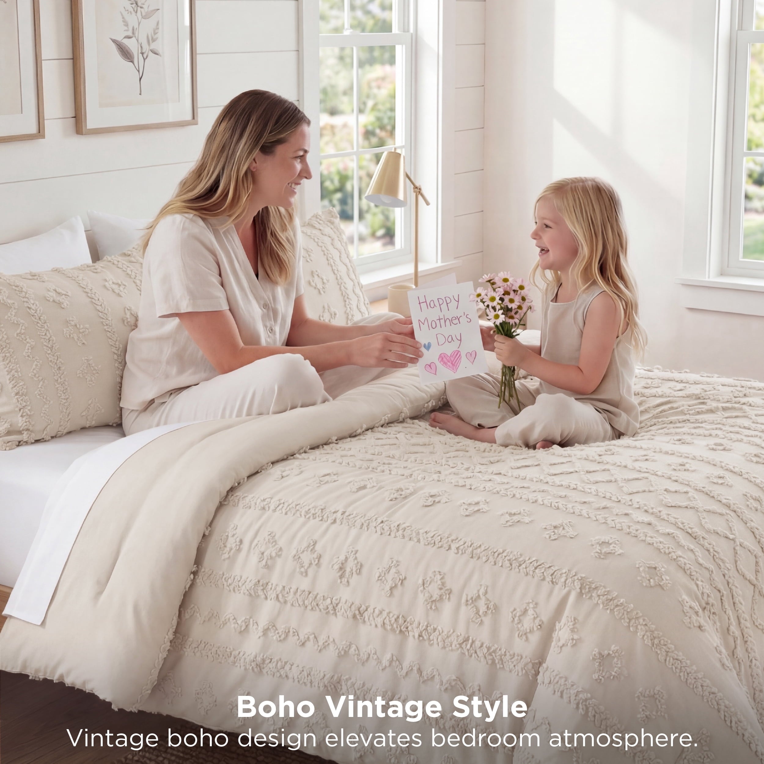 Luxurious Quilted Tufted Boho Comforter Set Queen, Beige, 3 Pieces Farmhouse Shabby Chic Embroidery Bedding Set, Soft Jacquard Comforte... - Luxurious Quilted Duvet Cover Set Detail