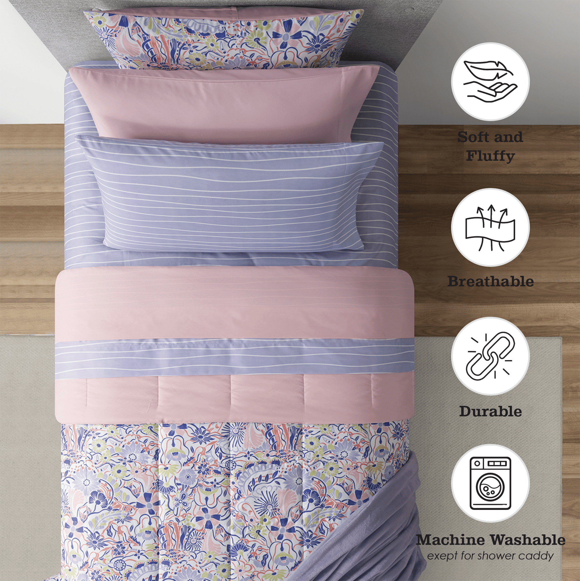 Heavyweight Warmth 14pc College Dorm Essentials Bundle, Twin-XL, Reversible Bed in a Bag Comforter Set, Purple Floral - All-Season Down Alternative Comforter Insert Detail