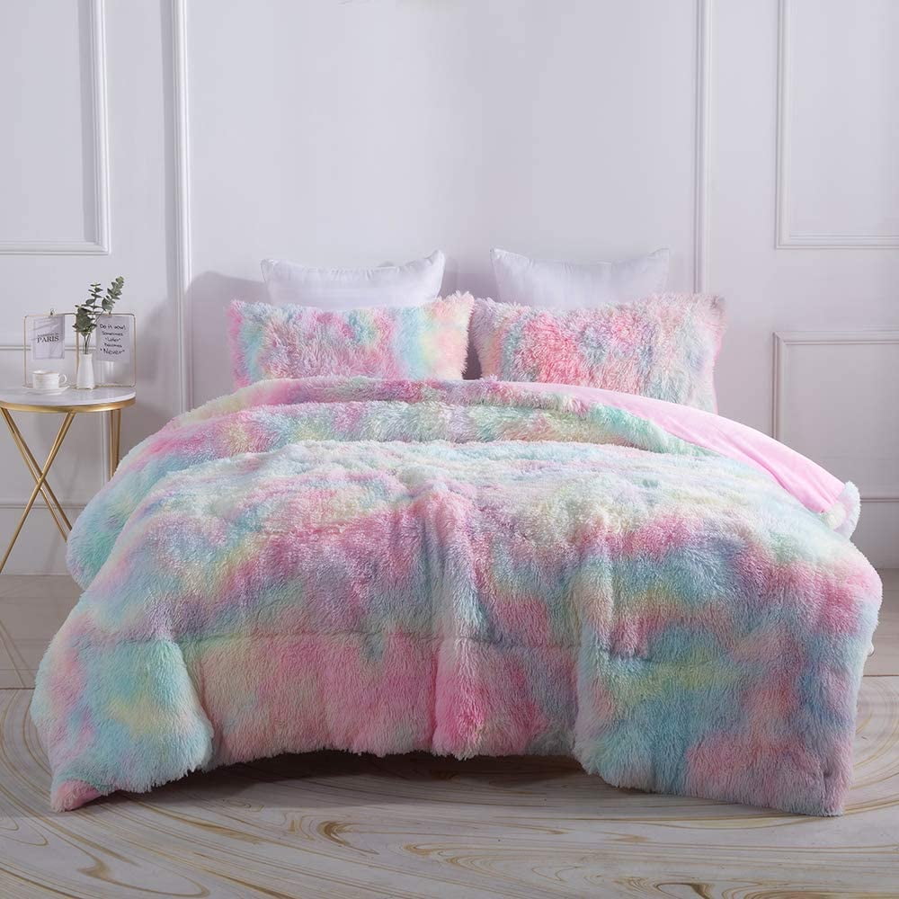 All-Season Plush Shaggy Comforter Set Fluffy Fuzzy Faux Fur Bedding Set - Microfiber Soft Warm Quilt Set(Rainbow Pink,Queen Size) - Luxurious Quilted Duvet Cover Set Detail