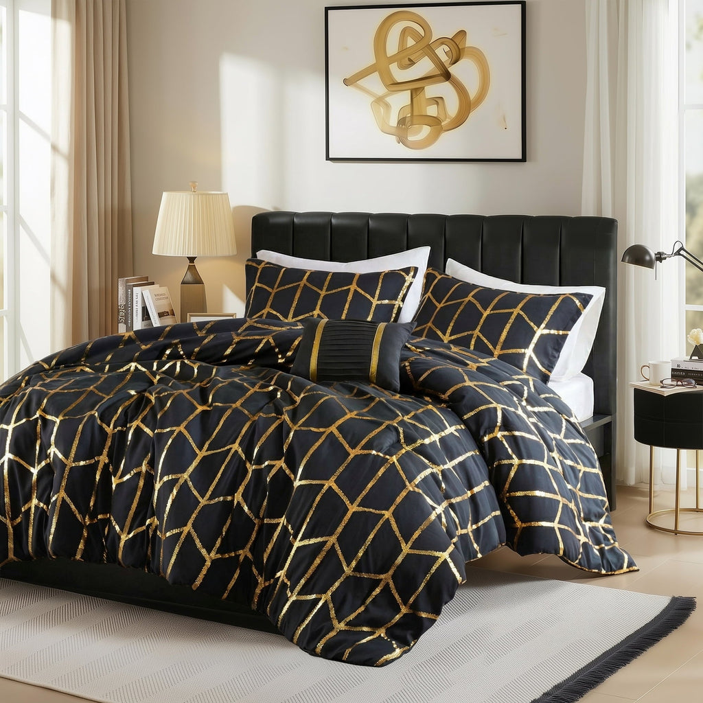 Fluffy Down Alternative Full/Queen Size Comforter Set, 4-Piece Bedding Set for All Seasons, Geometric Metallic Comforter Bed Set with Decor P... - Hypoallergenic Ultra-Fluffy Quilt for Winter Detail
