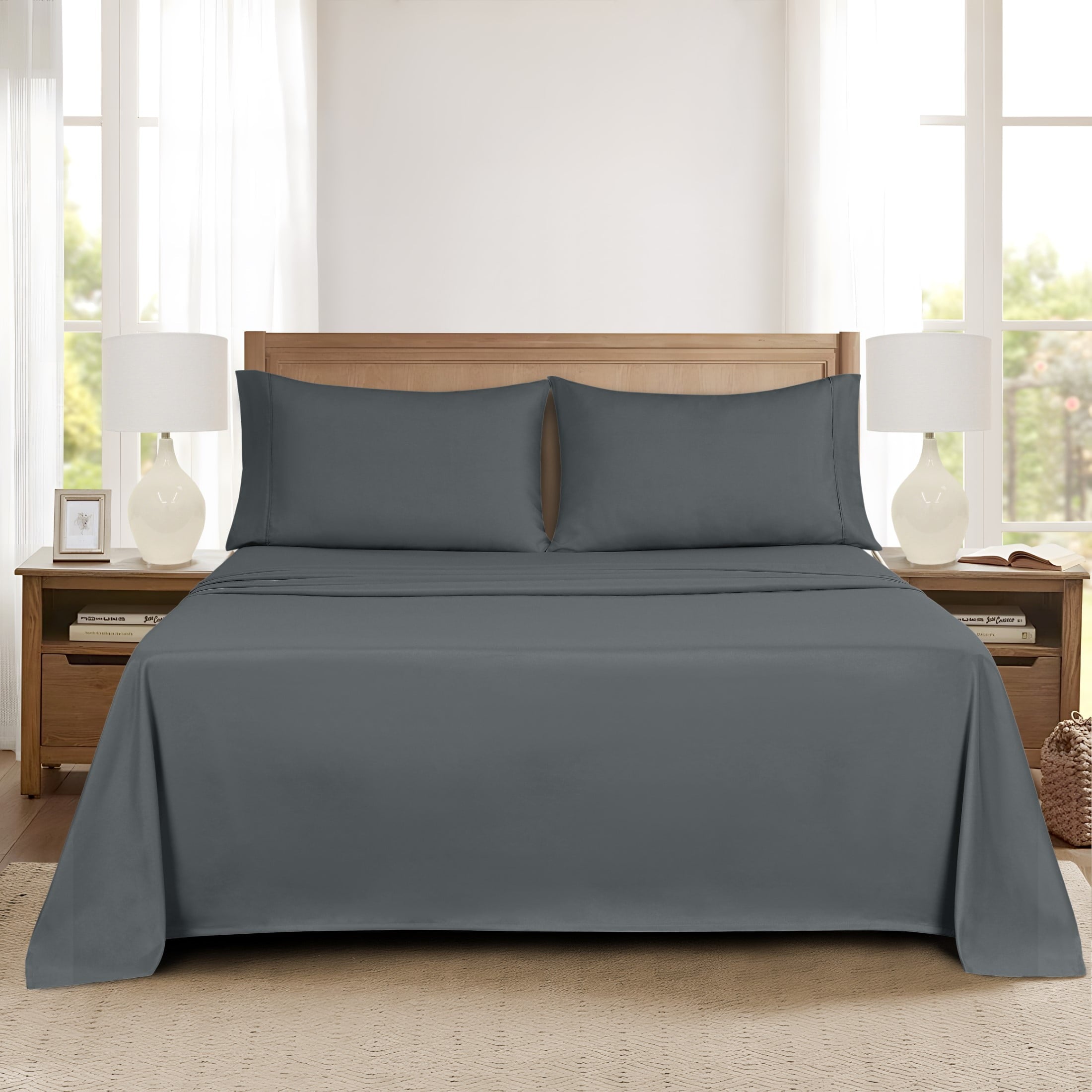 Ultra-Soft Super Soft Brushed Microfiber Bed Sheet Set, Soothing Gray, Queen, 4 Piece - Breathable Egyptian Cotton Flat & Fitted Sheets Detail