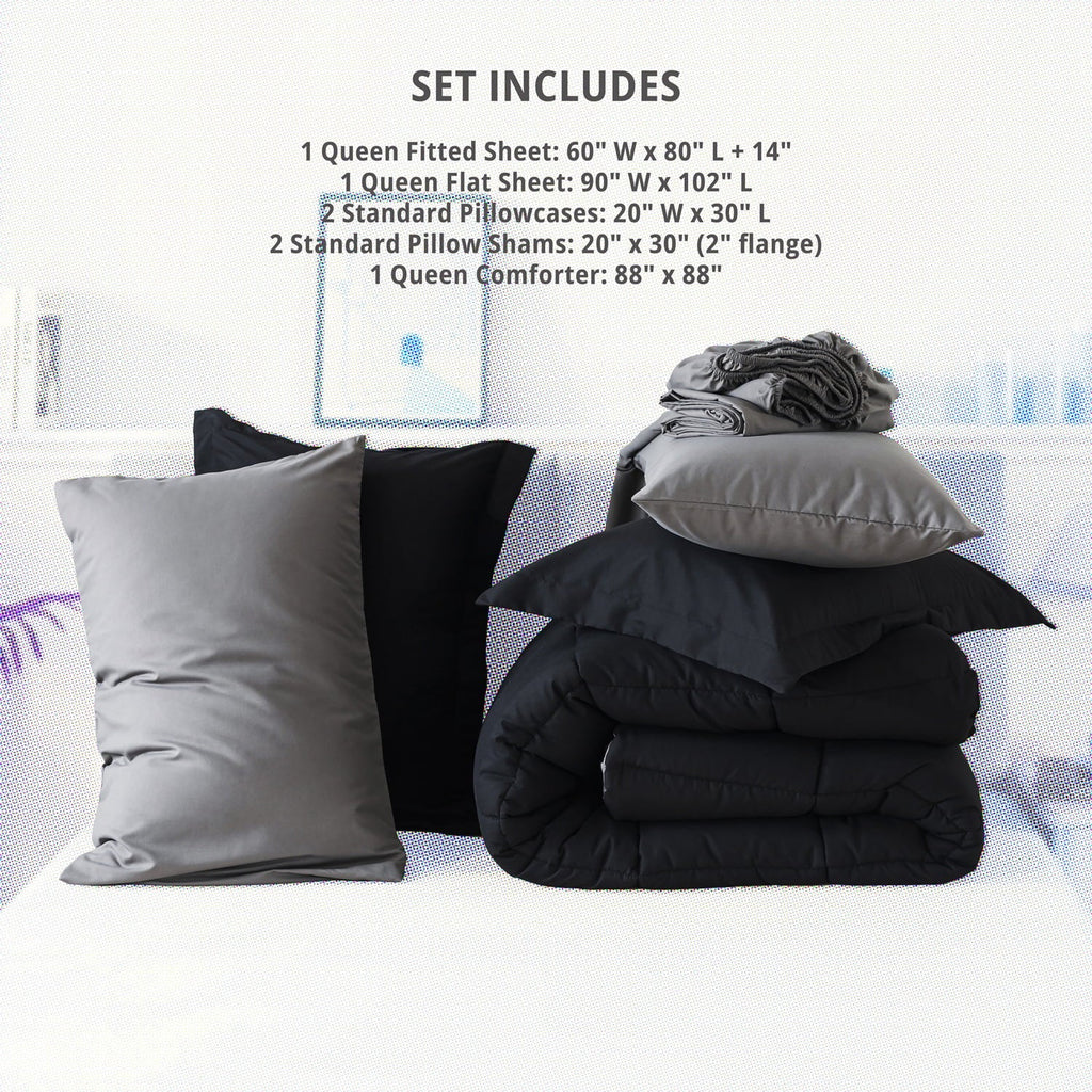 Luxurious Quilted Queen Size 7 Piece Comforter Set | Bed in a Bag for Unisex Adult | Black/Gray - Hypoallergenic Ultra-Fluffy Quilt for Winter Detail