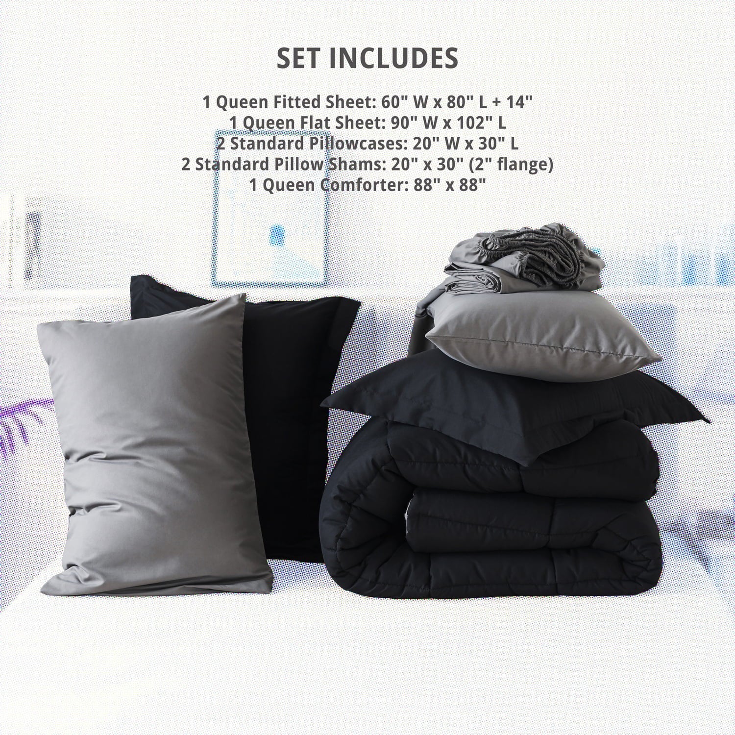 Luxurious Quilted Queen Size 7 Piece Comforter Set | Bed in a Bag for Unisex Adult | Black/Gray - Hypoallergenic Ultra-Fluffy Quilt for Winter Detail