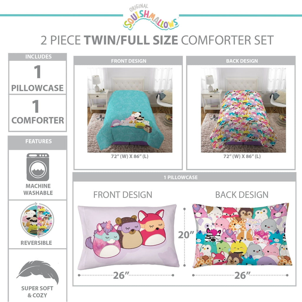 All-Season Squishmallows Kids 2 Piece Teal Blue Reversible Comforter and Pillowcase set, Twin/full - Cloud-Like Soft Lightweight Bed Comforter Detail