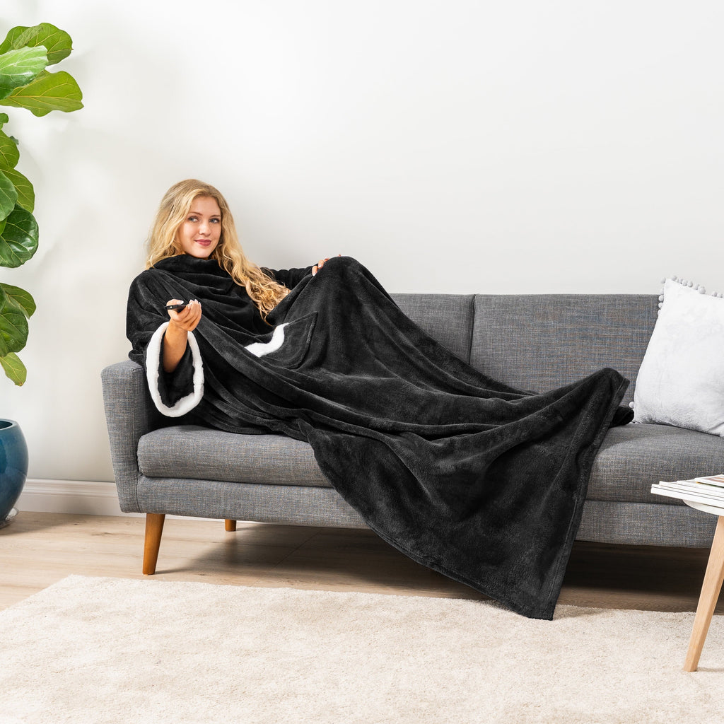 Reversible Sherpa Fleece Blanket with Sleeves for Women Men Adults, Wearable Blanket Warm Soft Plush, Snuggle Pocket Sleeved TV Throw W... - Lightweight Plush Warm Blanket for All Seasons Detail