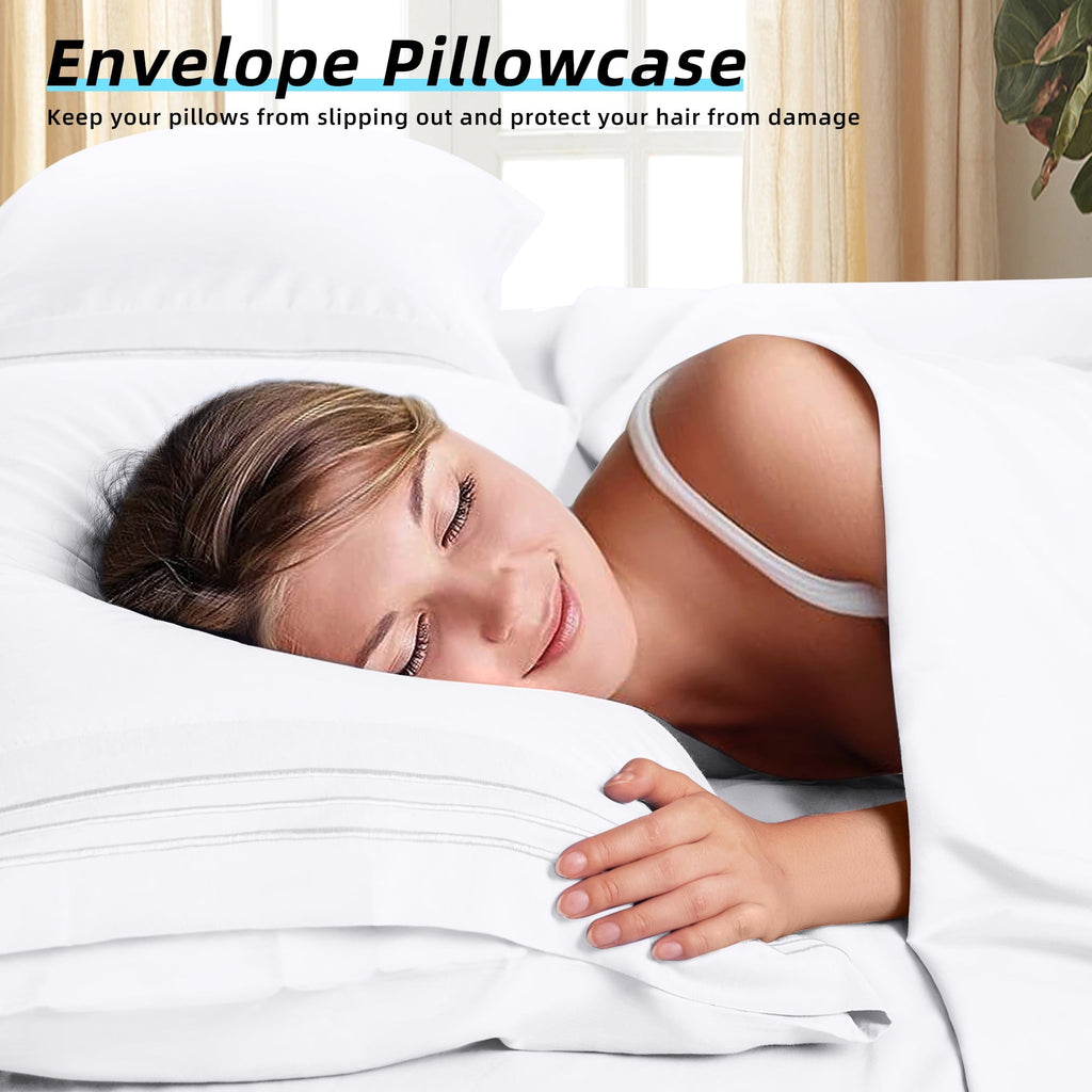 Ultra-Soft Bed Sheets Set, Microfiber Deep Pocket 4 Pieces Luxury Soft Sheet Set, Queen, White - Cooling Hotel Quality Bedding Sheets and Pillowcases Detail