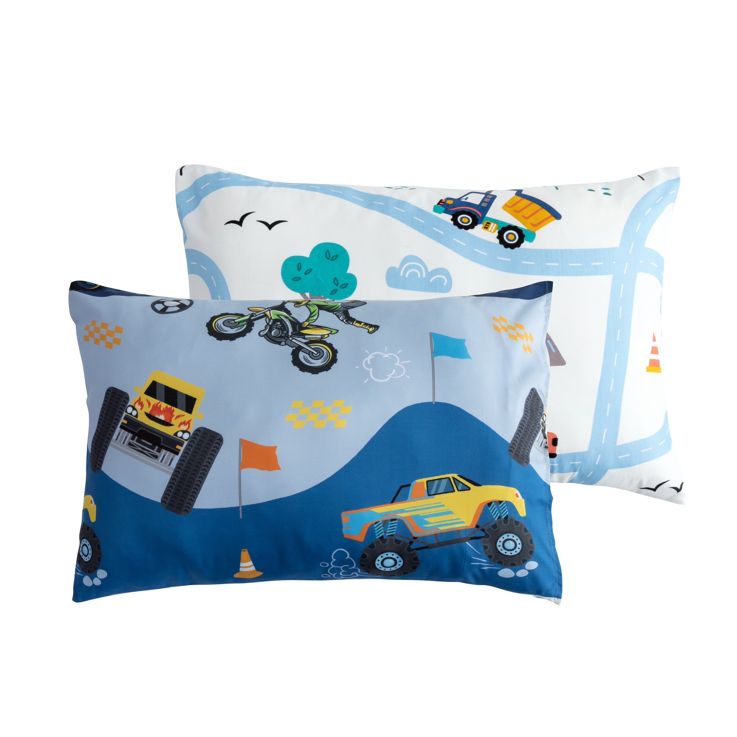 Fluffy Down Alternative 3Pcs Reversible Construction Truck Twin Comforter Set for Boys Kids Excavator Vehicle Motorcycle Bedding Set Blue - Luxurious Quilted Duvet Cover Set Detail