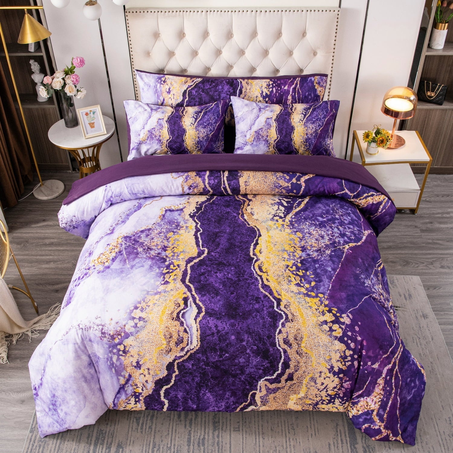 Luxurious Quilted 6 Pieces Queen Size Comforter Set Purple,Watercolor Marble Colorful Purple Bedding,Ultra Soft Purple Bed Set with Com... - Hypoallergenic Ultra-Fluffy Quilt for Winter Detail