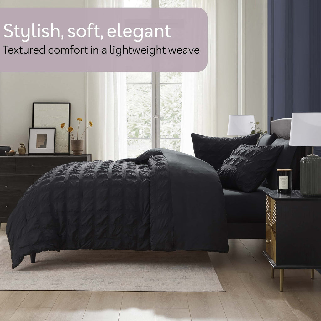 Heavyweight Warmth Queen Comforter Set, Seersucker Queen Size Comforter Set, 7-Pc All Season Bedding Comforter Set, Black - All-Season Down Alternative Comforter Insert Detail