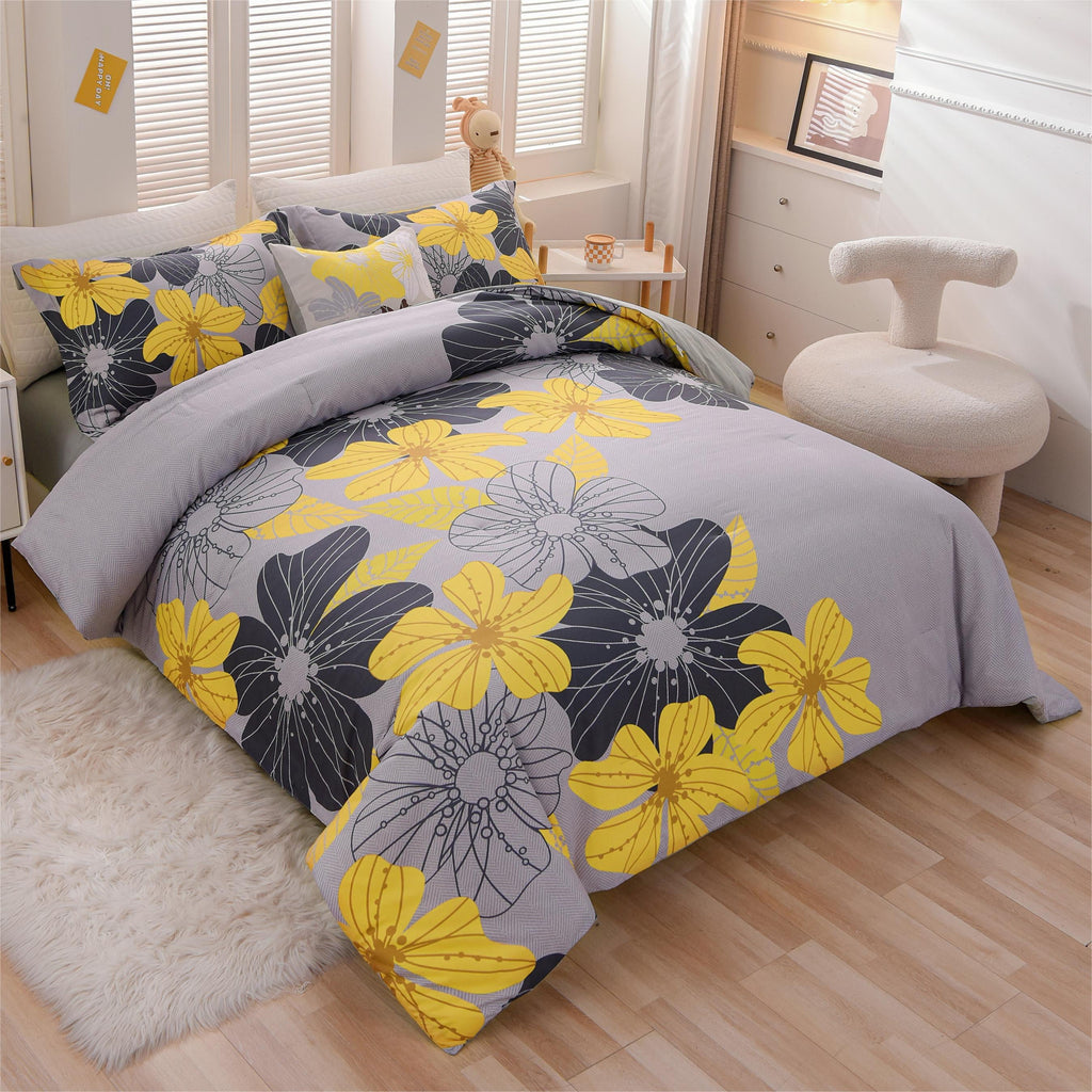 Heavyweight Warmth Yellow Floral Comforter Set Queen Flower Bed Set Adult Soft Botanical Boho Bedding Set - Luxurious Quilted Duvet Cover Set Detail