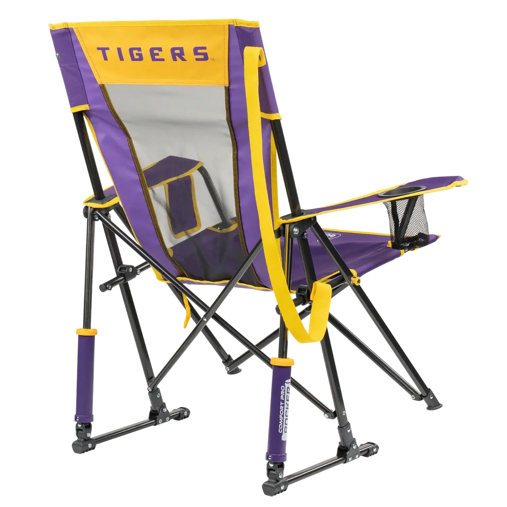Premium All-Weather College Comfort Pro Rocker - LSU Tigers - Choice 880 - Heavy-Duty Kickback Rocker with Beverage Holder Detail