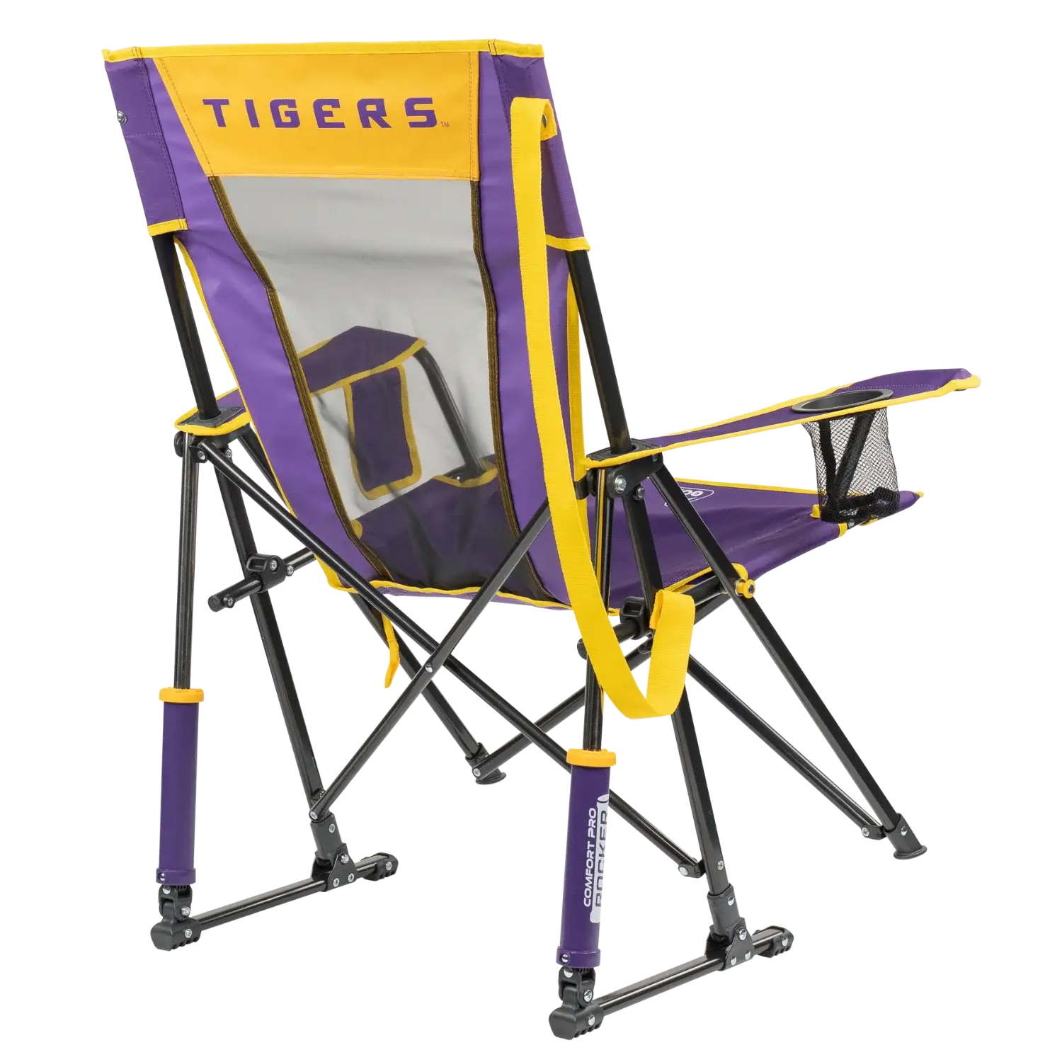 Premium All-Weather College Comfort Pro Rocker - LSU Tigers - Choice 880 - Heavy-Duty Kickback Rocker with Beverage Holder Detail