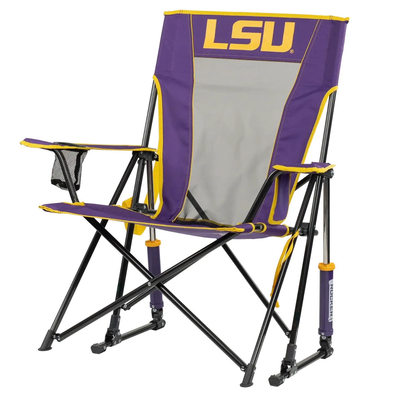 Premium All-Weather College Comfort Pro Rocker - LSU Tigers - Choice 880 - Heavy-Duty Kickback Rocker with Beverage Holder Detail