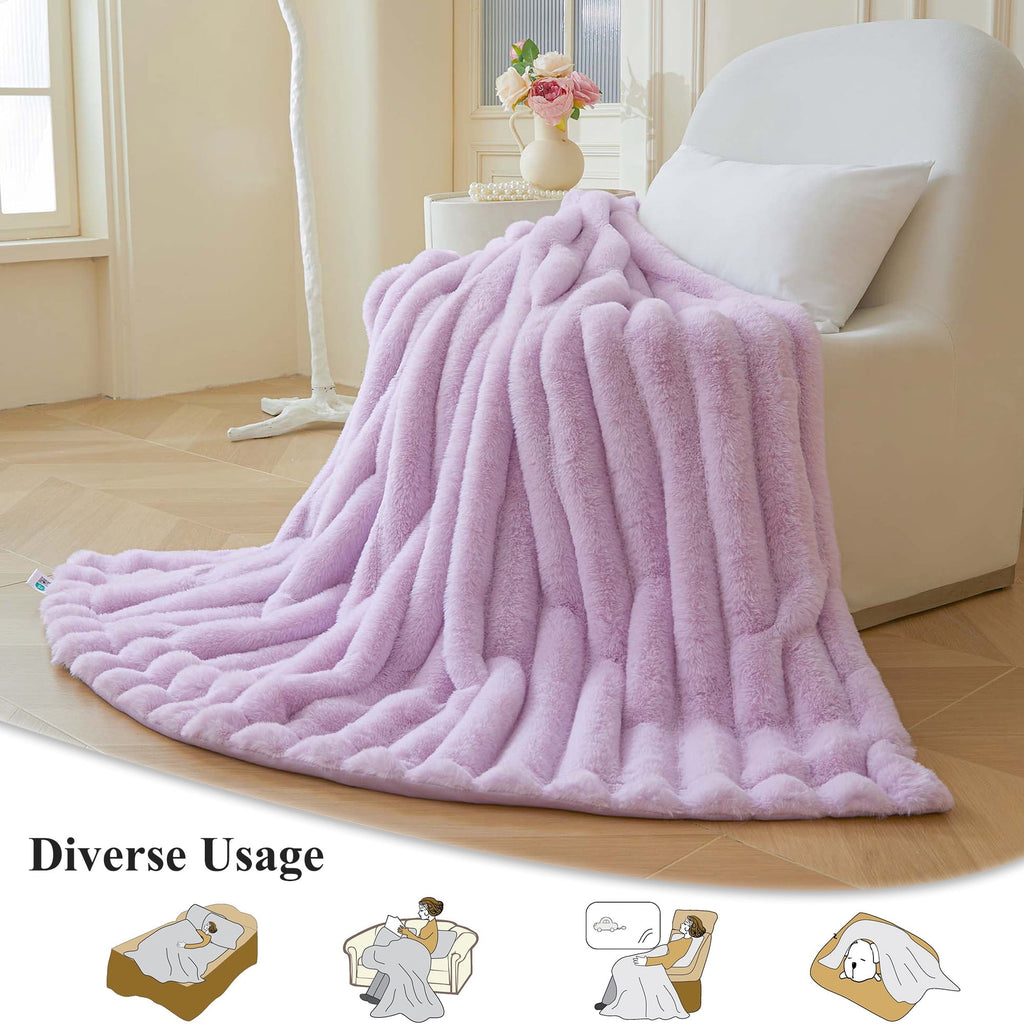 Decorative Knitted Fluffy Faux Rabbit Fur Throw, Cozy Wide Stripe Plush Fuzzy Blanket for Bed Couch Sofa Chair, Light Purple Shaggy Thro... - Lightweight Plush Warm Blanket for All Seasons Detail