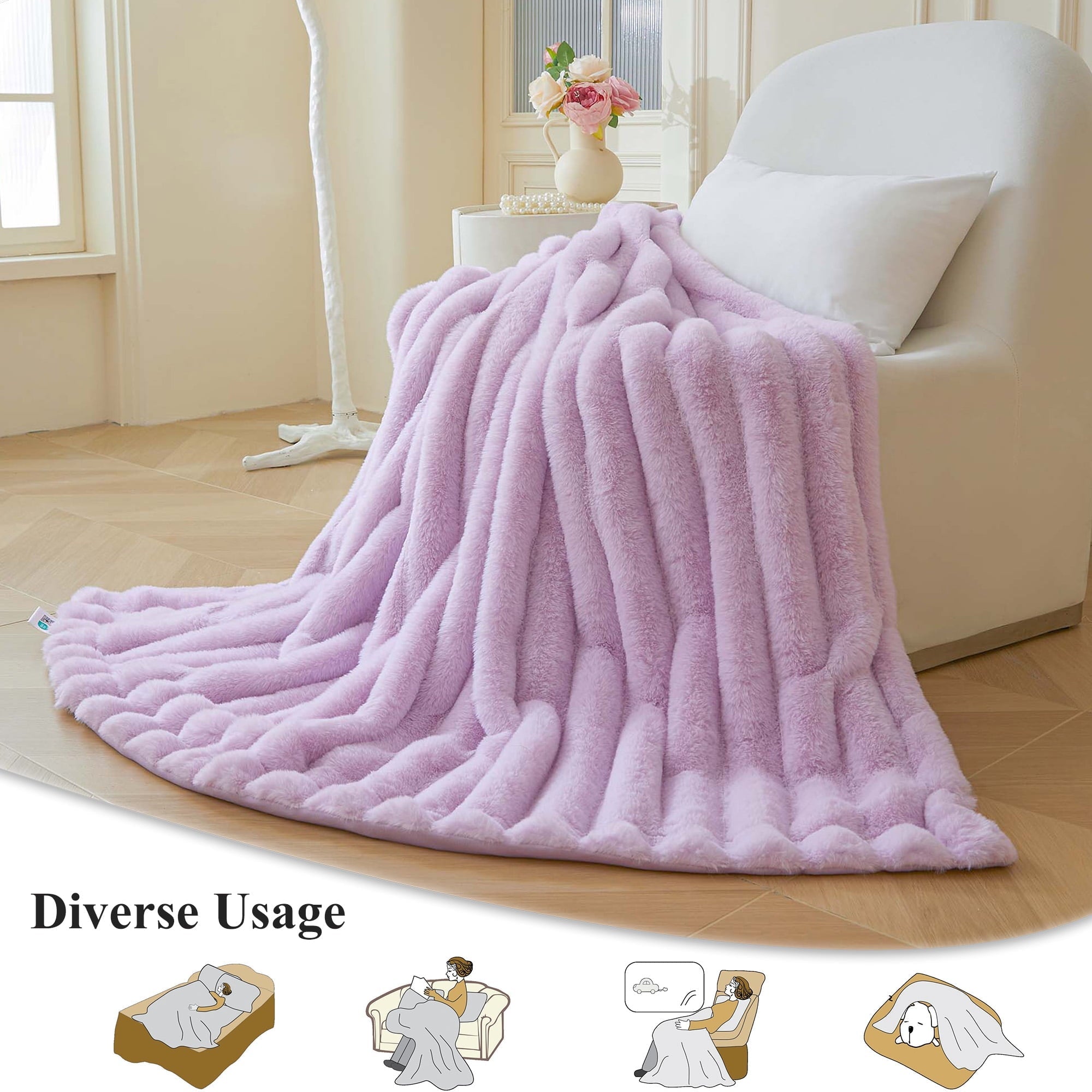 Decorative Knitted Fluffy Faux Rabbit Fur Throw, Cozy Wide Stripe Plush Fuzzy Blanket for Bed Couch Sofa Chair, Light Purple Shaggy Thro... - Lightweight Plush Warm Blanket for All Seasons Detail