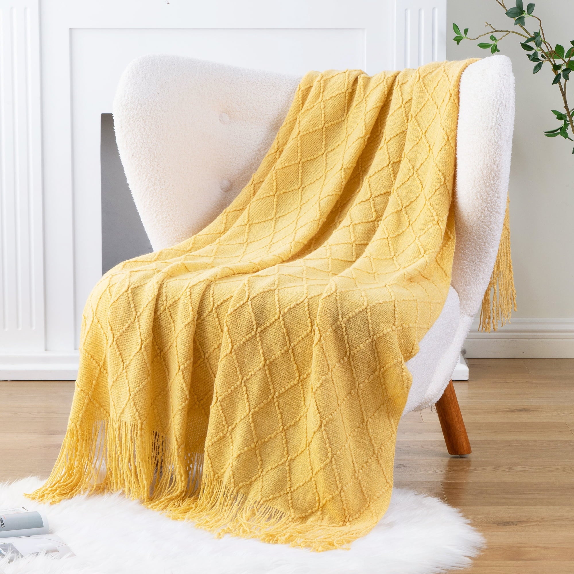 Reversible Sherpa Mustard Throw Blanket for Couch,Gold Yellow Knit Throw with Fringe,Outdoor Throw ,50"x60" - Lightweight Plush Warm Blanket for All Seasons Detail
