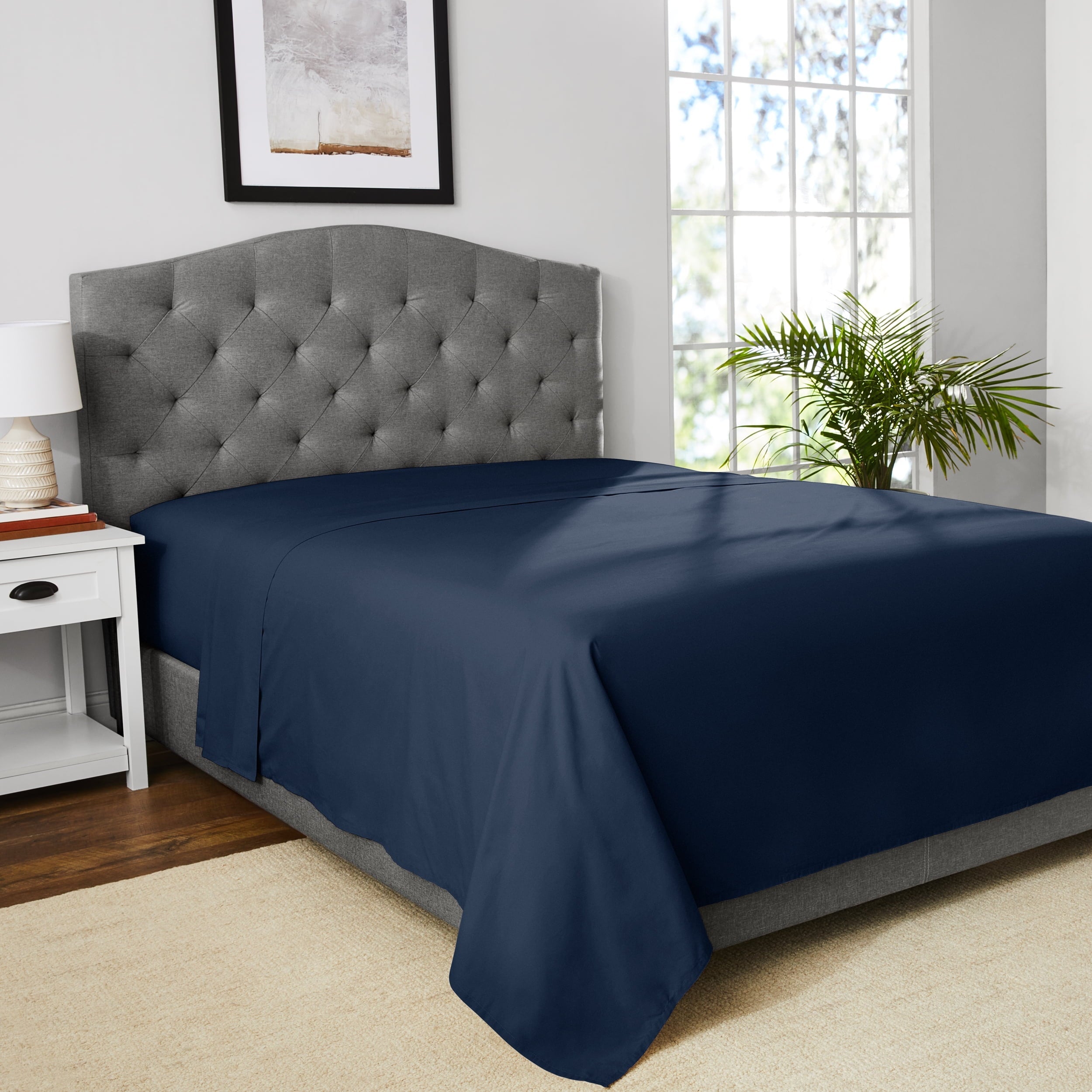 Cooling Sateen 300 Thread Count Easy Care Blue Cove Cotton Blend Percale Flat Bed Sheet, King - Breathable Egyptian Cotton Flat & Fitted Sheets Detail