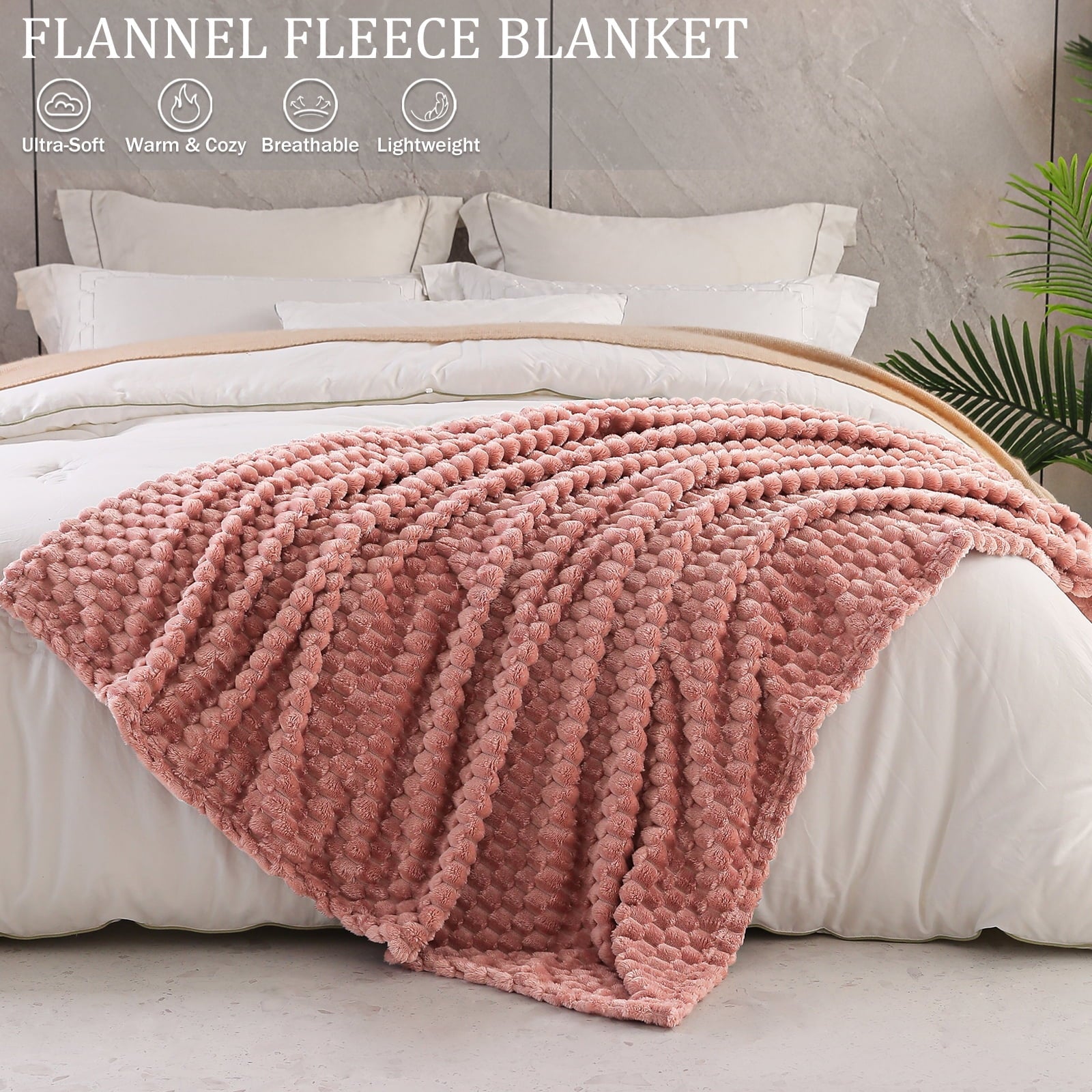 Lightweight Warm Large Soft Fleece Throw Blanket, 50"x70" Stylish Jacquard Throw Blanket for Couch, Cozy, Warm, Lightweight Dusty Pink... - Lightweight Plush Warm Blanket for All Seasons Detail