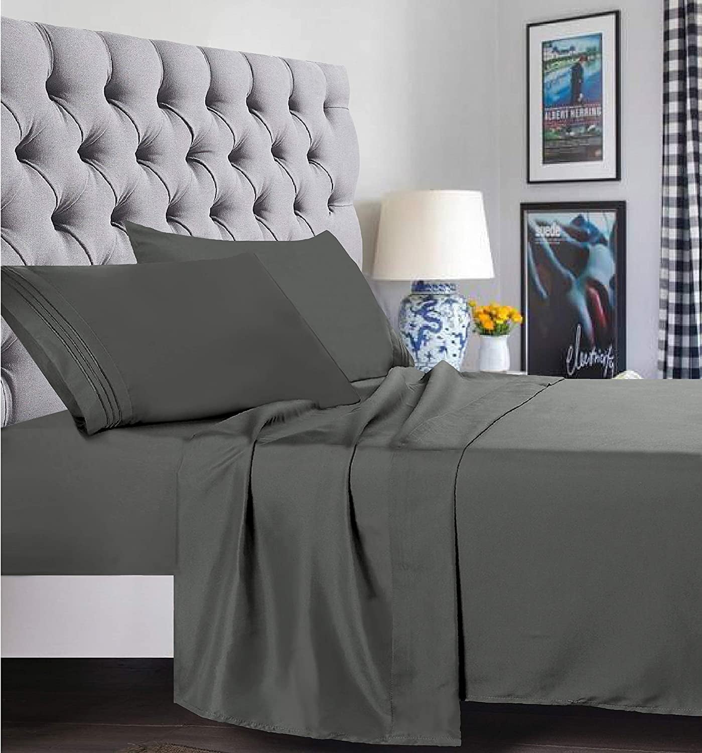 Wrinkle-Resistant 4 Pieces Bed Sheet set Flat,Fitted,Pillowcase , Queen Grey - Cooling Hotel Quality Bedding Sheets and Pillowcases Detail