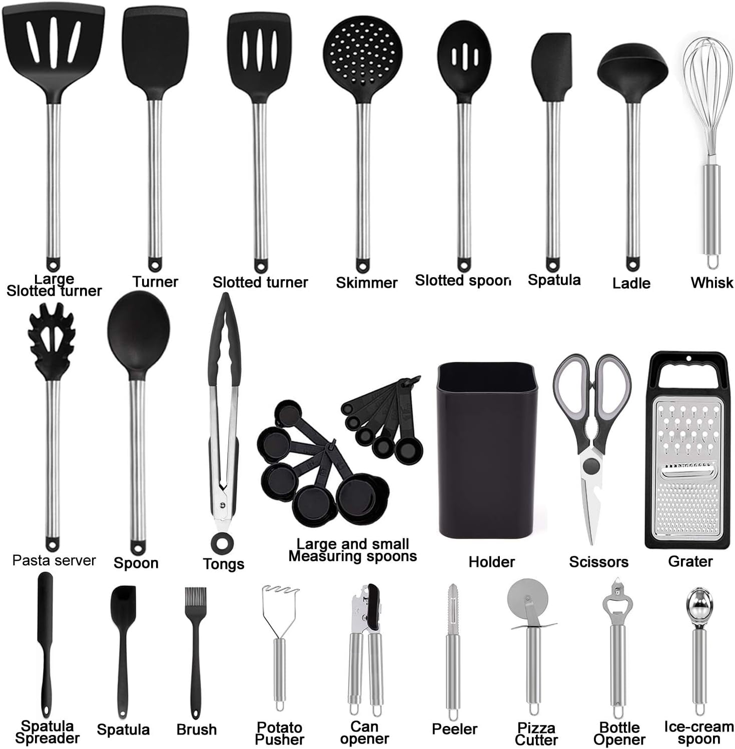 Durable Steel Kitchen Utensil Set-Silicone Cooking Utensils-33 Kitchen Gadgets & Spoons for Nonstick Cookware-Silicone and Stainles... - Multi-Purpose Hand Tool for Daily Meal Prep Detail