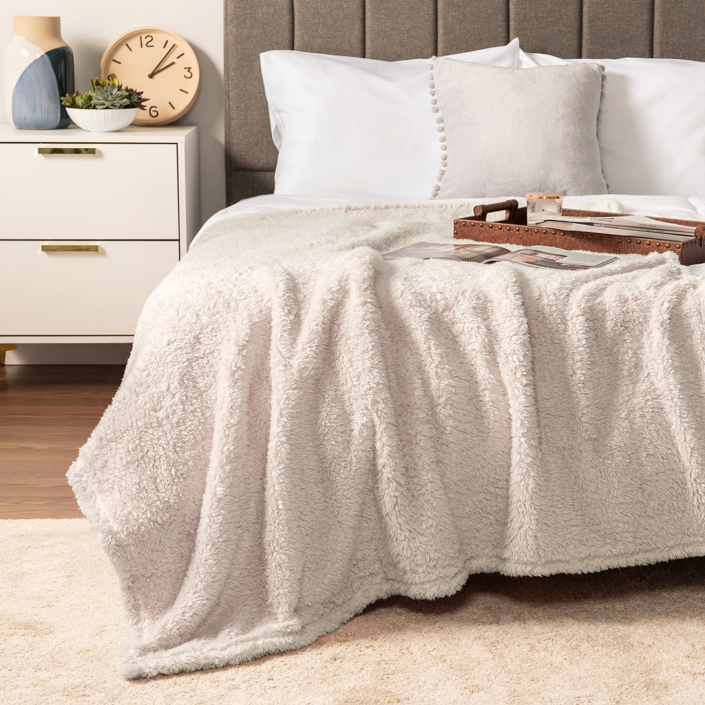Decorative Knitted Sherpa Throw Blanket For Couch Sofa, Cream Beige Fluffy Warm Plush Blanket for Bed, Cozy Super Soft Lightweight Throw... - Cozy Fleece Throw Blanket for Couch & Bed Detail