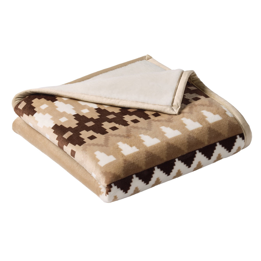 Decorative Knitted Printed Velvet Plush Reverse to Faux Fur Super Soft Throw Blanket, Oversized, Linder Border Beige - Luxury Knitted Decorative Throw Blanket with Fringes Detail