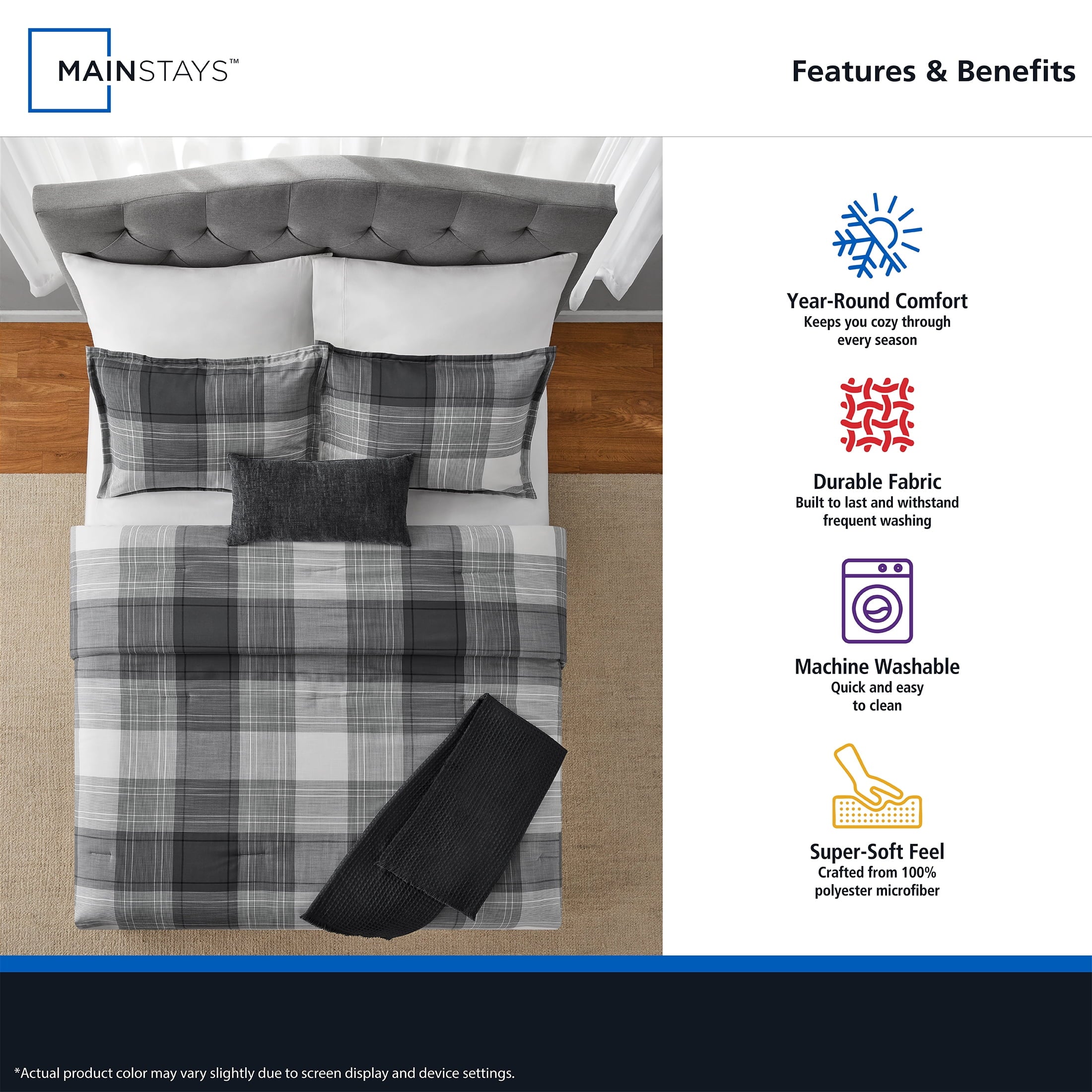 All-Season Full/Queen Comforter Set, All-Season, 5-Piece, Grey Plaid - Cloud-Like Soft Lightweight Bed Comforter Detail