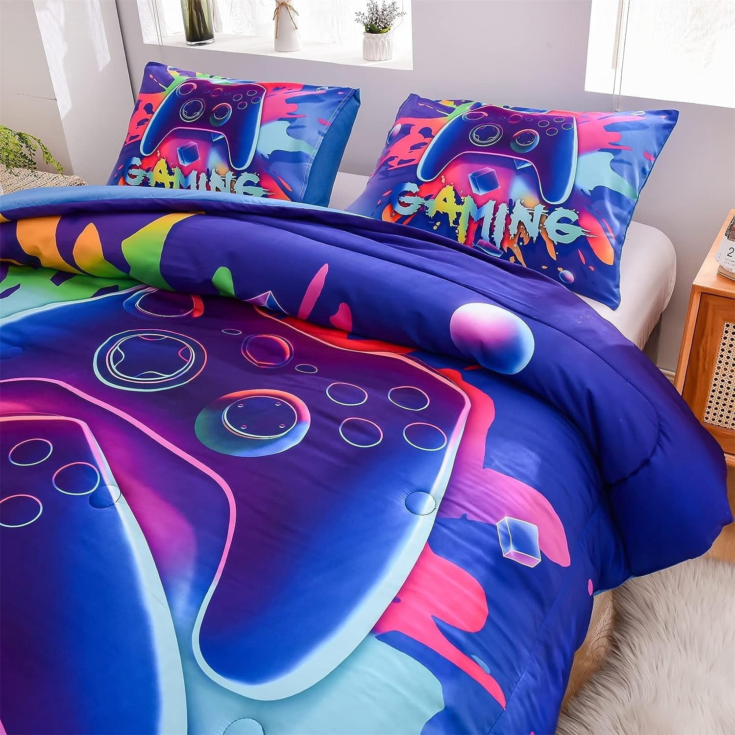 Heavyweight Warmth Purple Queen Gaming Comforter Sets for Boys Kids Bedding Sets Colorful Games Console Gamer Quilt Set - Cloud-Like Soft Lightweight Bed Comforter Detail