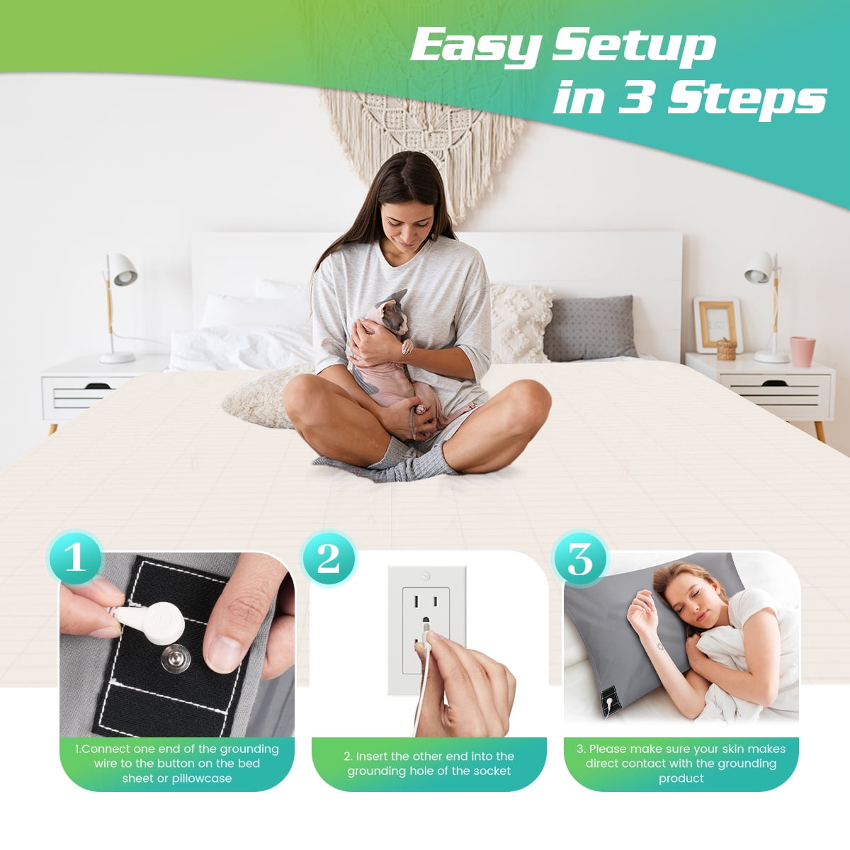 Cooling Sateen Conductive Grounding Bed Sheets for Better Sleep with 15ft Cord 10% Pure Silver Fiber 27x52in Gray - Breathable Egyptian Cotton Flat & Fitted Sheets Detail