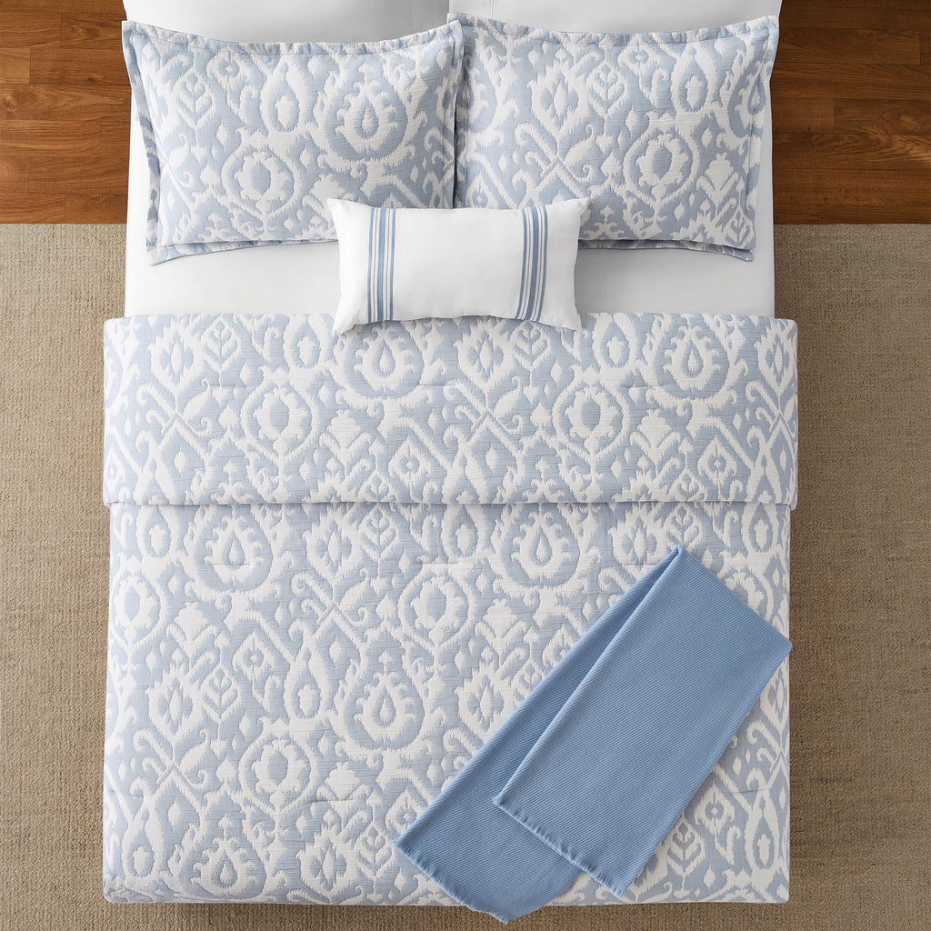 Luxurious Quilted Full/Queen Comforter Set, All-Season, 5-Piece, Blue Matelasse Ikat - Cloud-Like Soft Lightweight Bed Comforter Detail