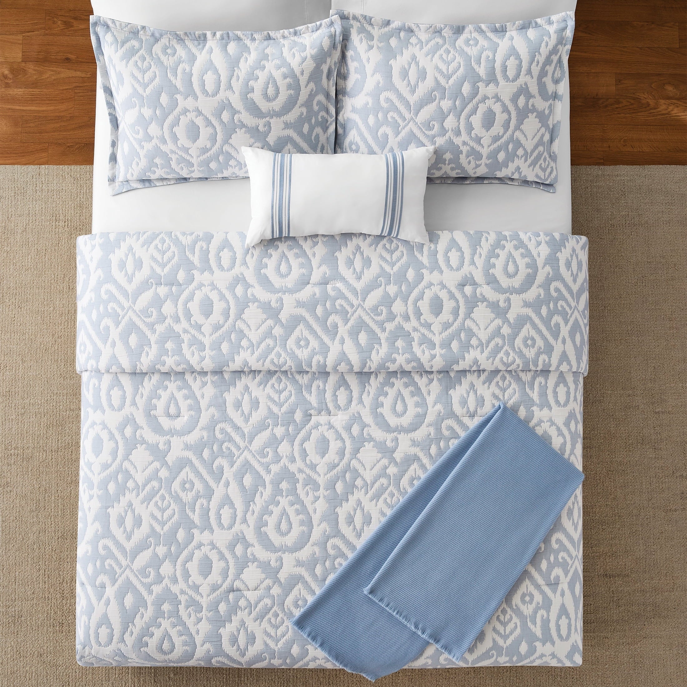 Luxurious Quilted Full/Queen Comforter Set, All-Season, 5-Piece, Blue Matelasse Ikat - Cloud-Like Soft Lightweight Bed Comforter Detail