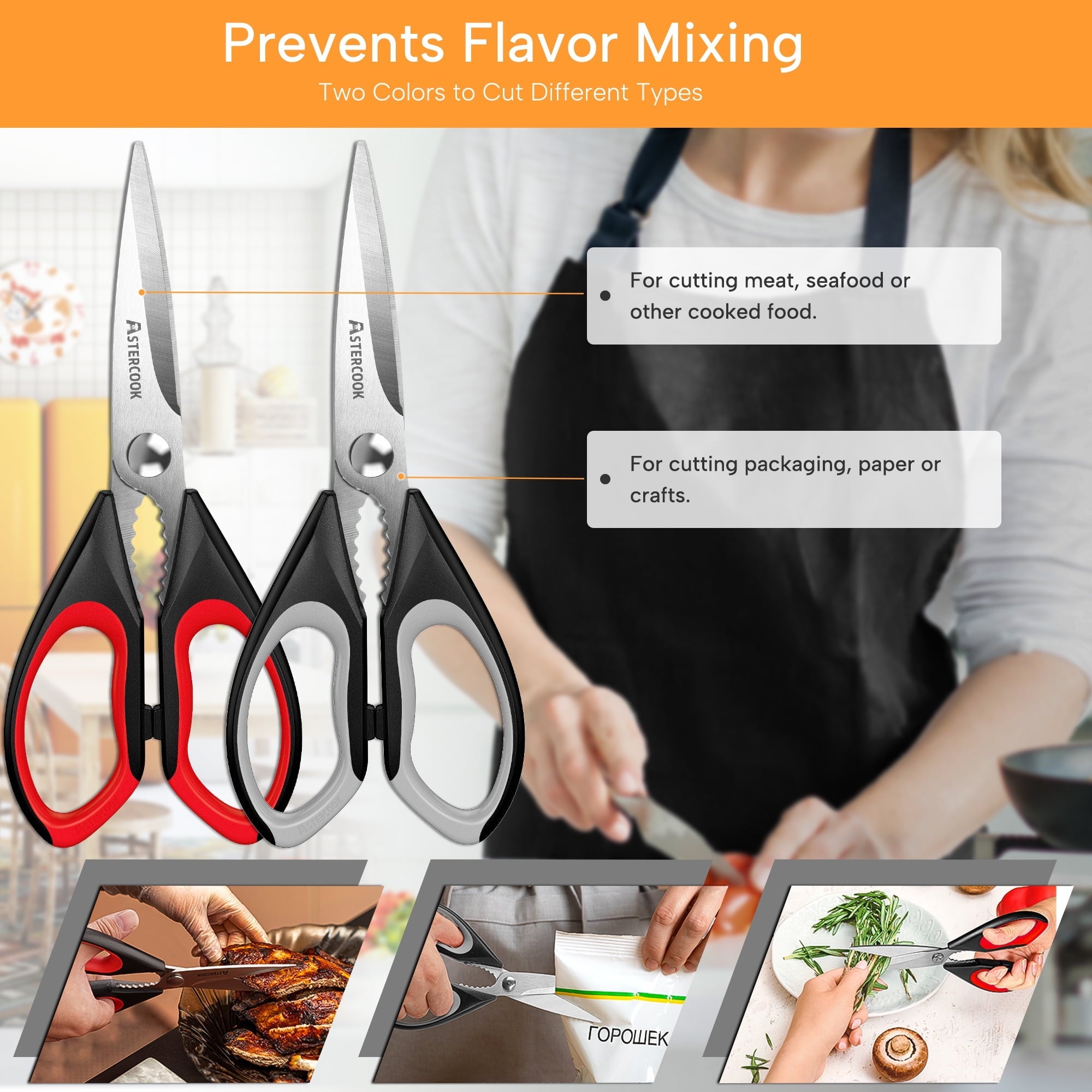 Ergonomic Manual 2 Pcs Kitchen Scissors, Heavy Duty Shears with Serrated Blade, Ergonomic Handle Food Scissor for Poultry, H... - Innovative Kitchen Helper for Modern Cooking Detail