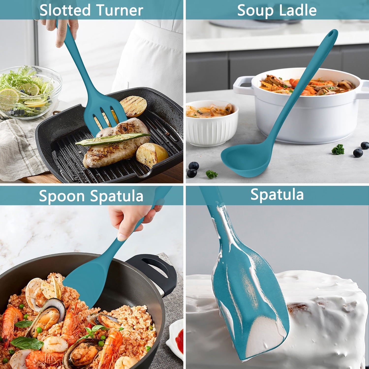 Professional Grade 7-Piece Silicone Cooking Utensils Set, Blue Kitchen Utensils, Non-stick Gadgets Tools Include Slotted Turner, Soup La... - High-Precision Culinary Tool for Baking & Cooking Detail