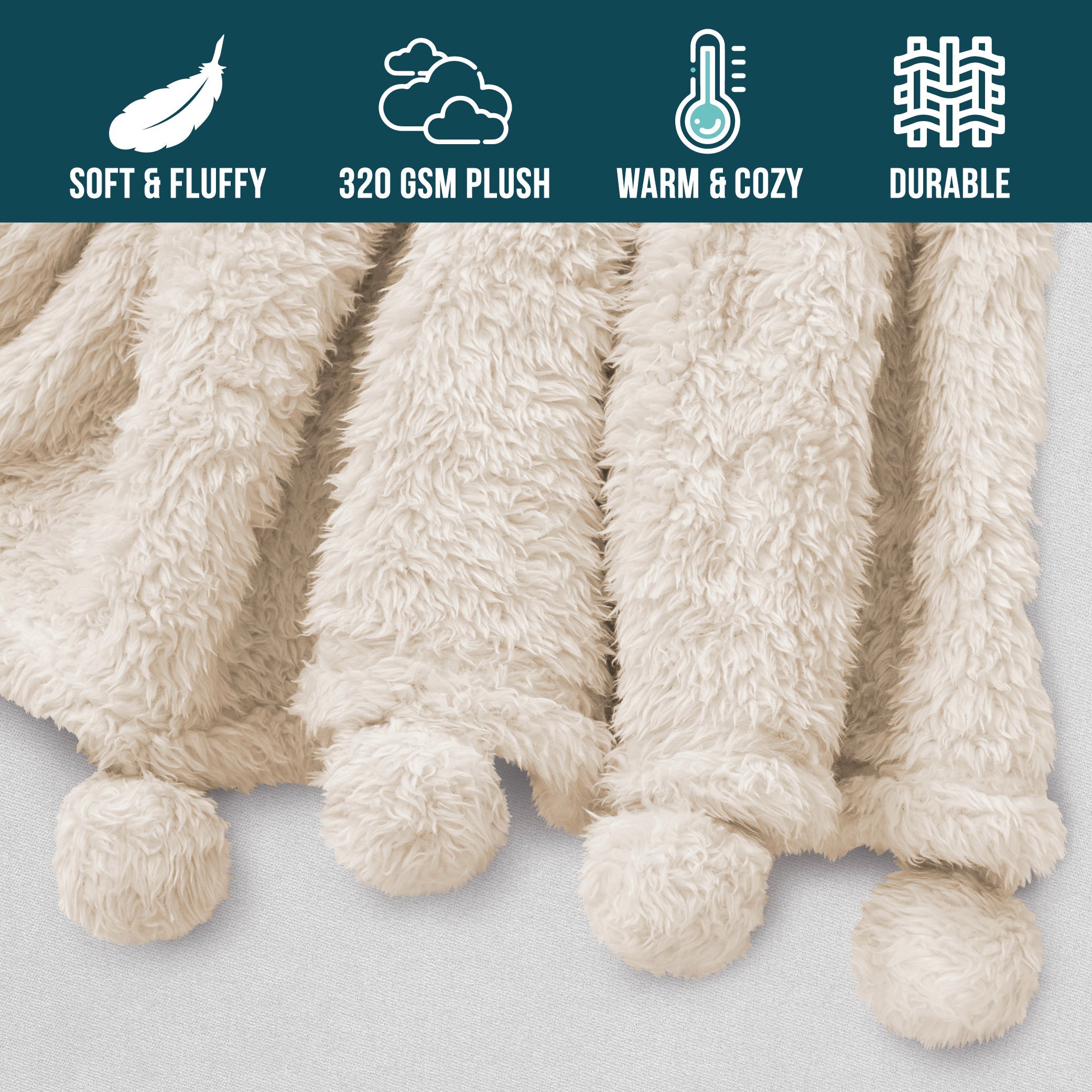Lightweight Warm Ivory Cream Sherpa Throw Blanket with Soft Pom Pom Fringe, Plush Cozy Warm Blankets for Couch Bed Sofa, Fuzzy Fleece ... - Super Soft Reversible Sherpa Flannel Blanket Detail