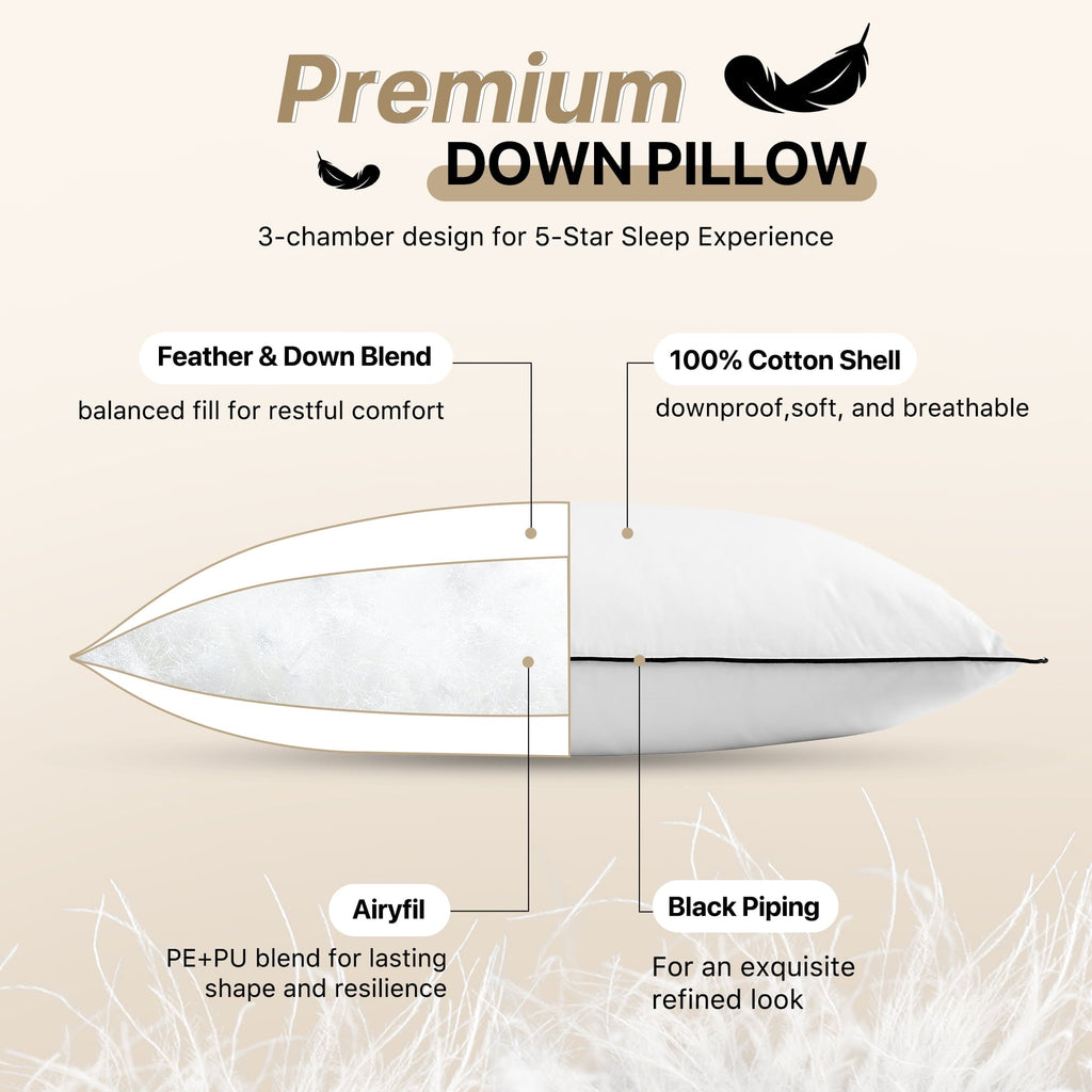 Fluffy Shredded Feather Down Pillows Set of 2, Medium Firm Hotel Bed Pillow 2 Pack, Queen Size, 20 x 30 in. - Hotel Quality Plush Sleeping Pillows Detail